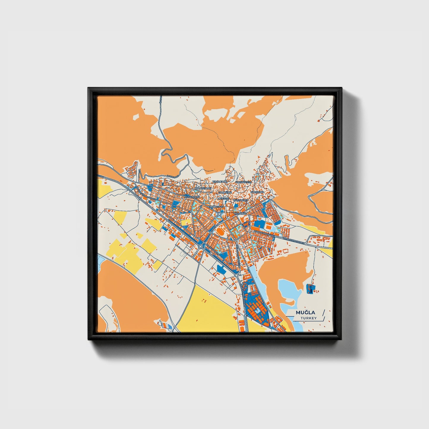 Muğla Turkey Colorful City Map Canvas Print • Black Framed
