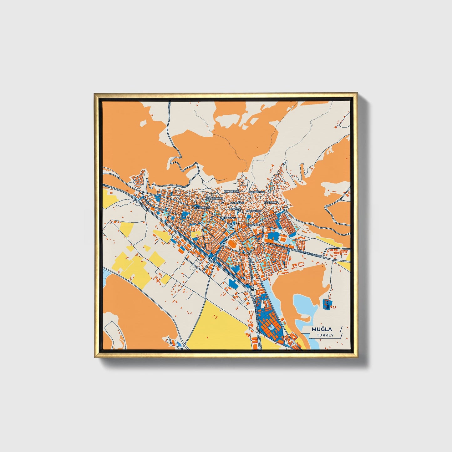 Muğla Turkey Colorful City Map Canvas Print • Gold Framed
