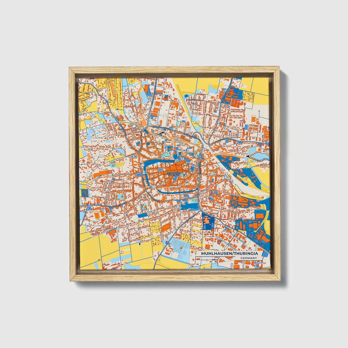 Mühlhausen/Thüringen Germany Colorful City Map Canvas Print • Natural Wooden Framed
