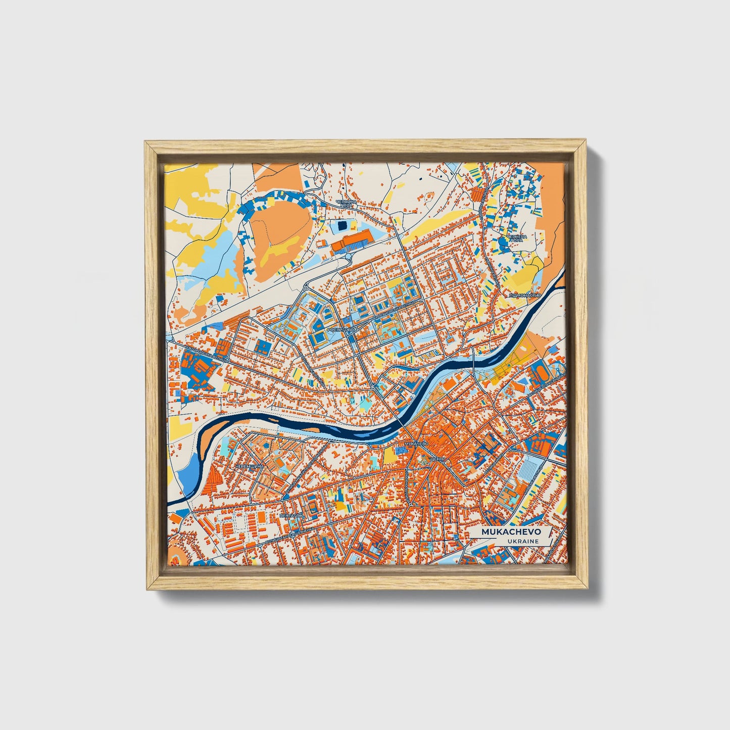 Мукачево Ukraine Colorful City Map Canvas Print • Natural Wooden Framed