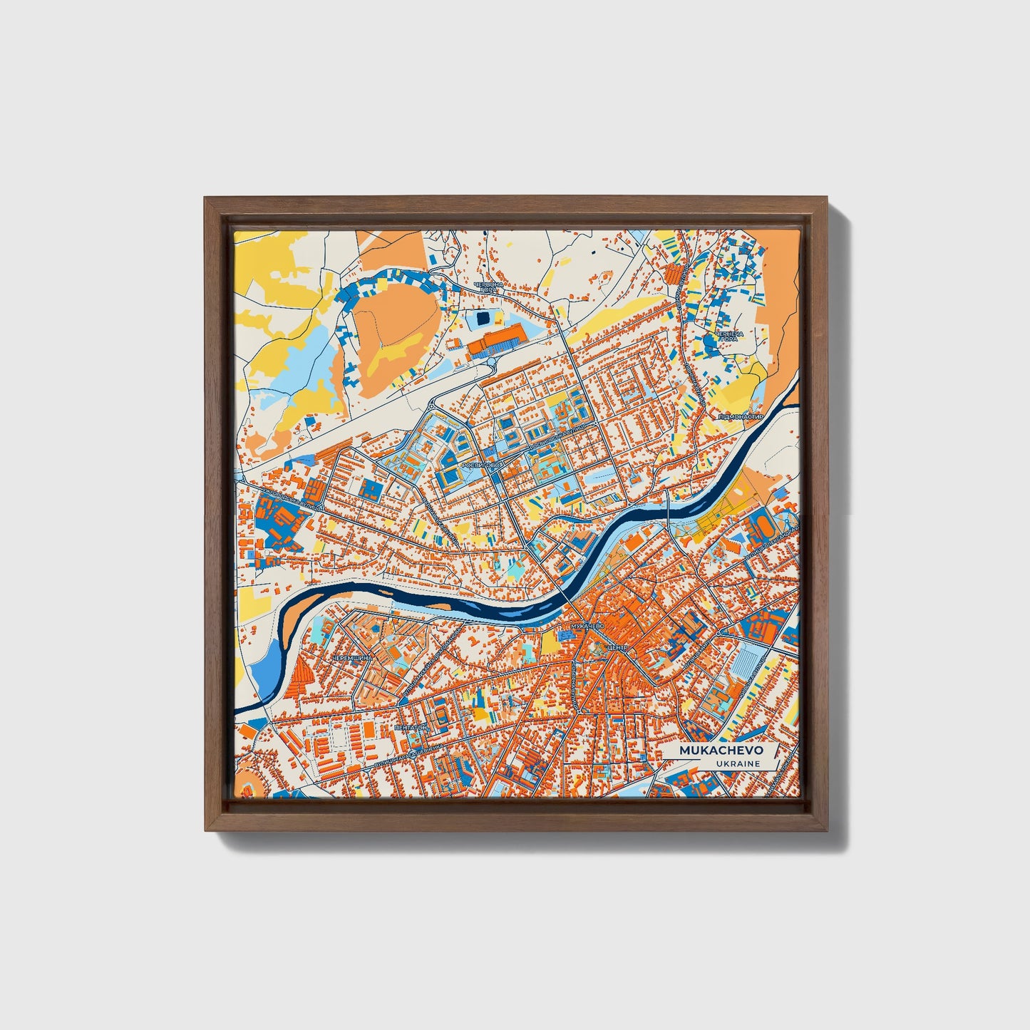 Мукачево Ukraine Colorful City Map Canvas Print • Dark Wooden Framed
