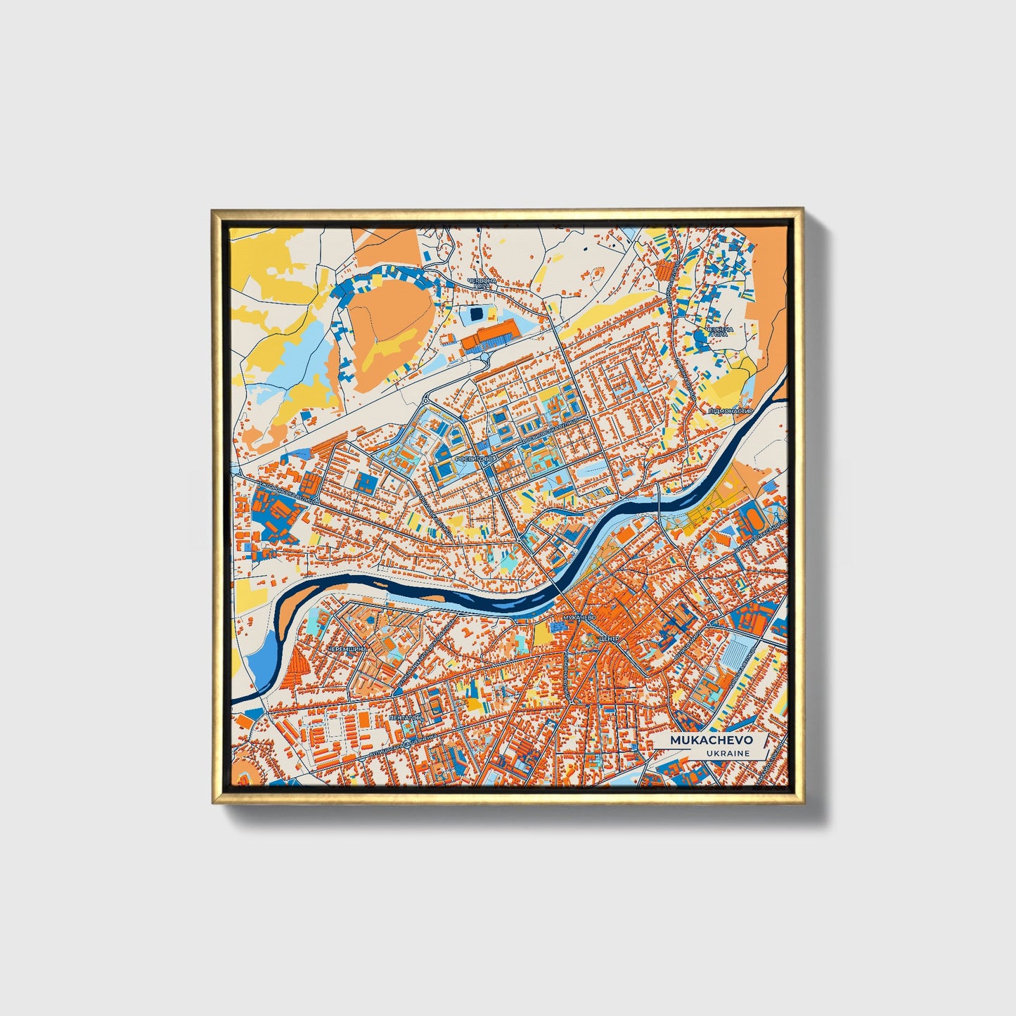 Мукачево Ukraine Colorful City Map Canvas Print • Gold Framed