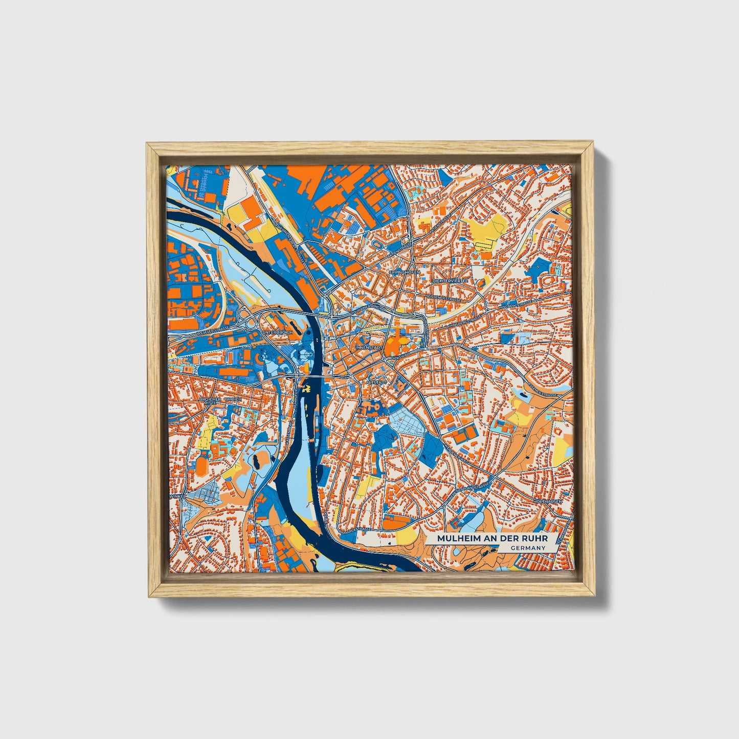Mülheim An Der Ruhr Germany Colorful City Map Canvas Print • Natural Wooden Framed