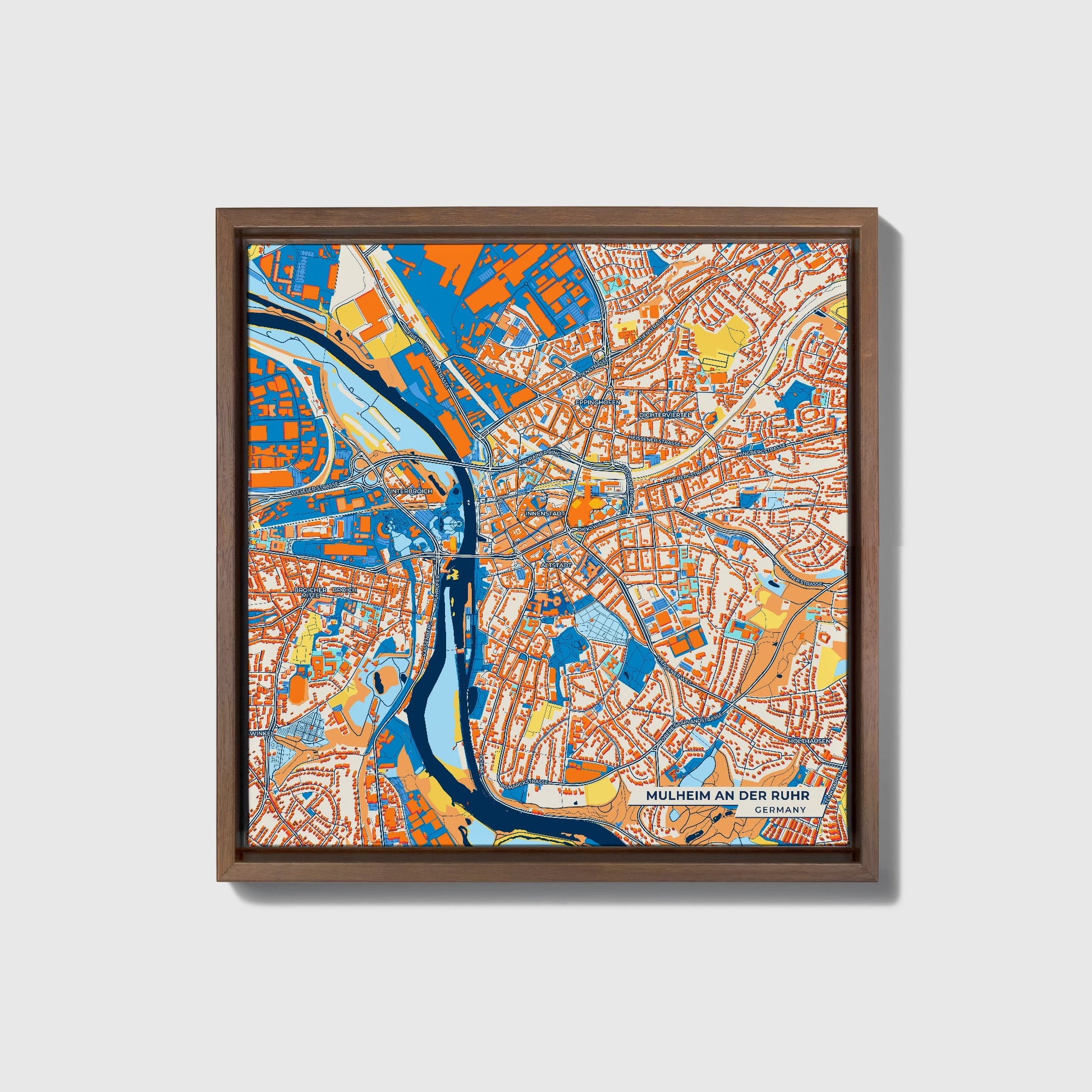 Mülheim An Der Ruhr Germany Colorful City Map Canvas Print • Dark Wooden Framed
