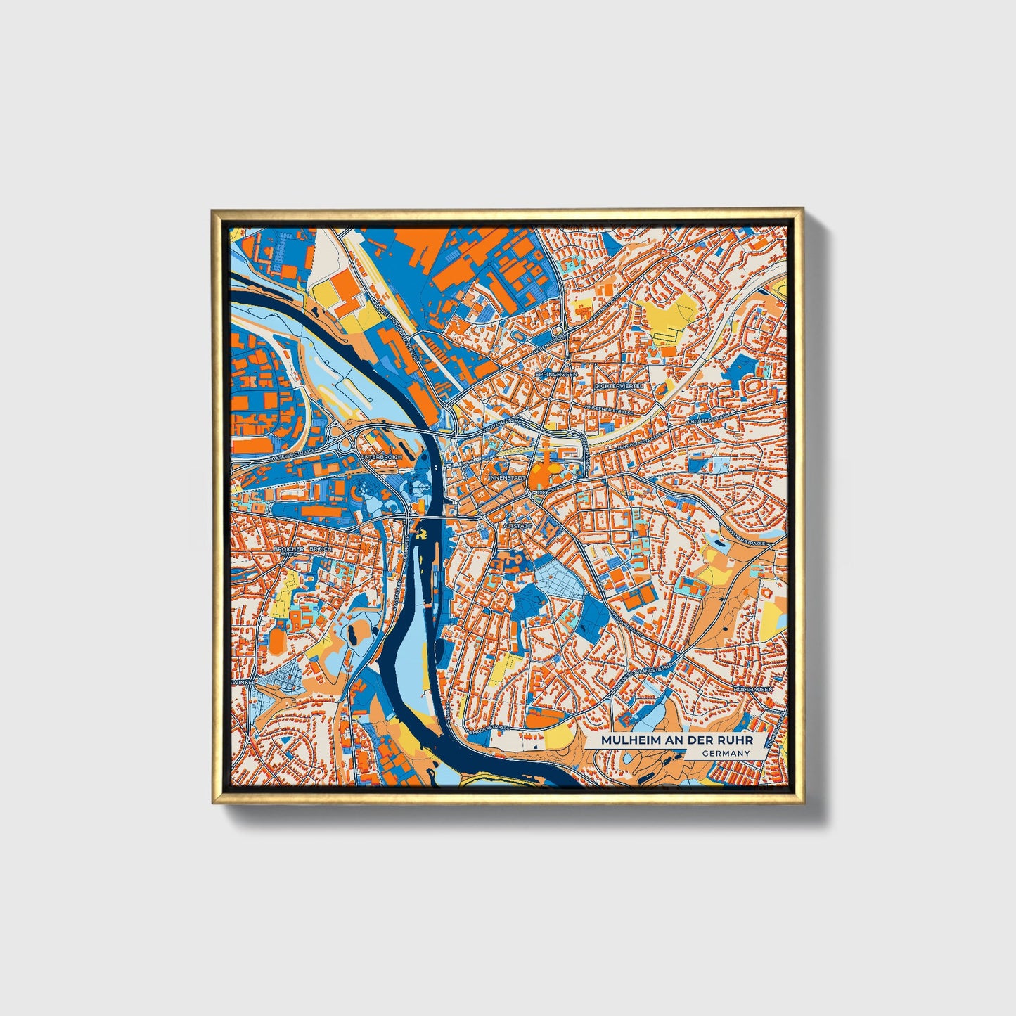 Mülheim An Der Ruhr Germany Colorful City Map Canvas Print • Gold Framed