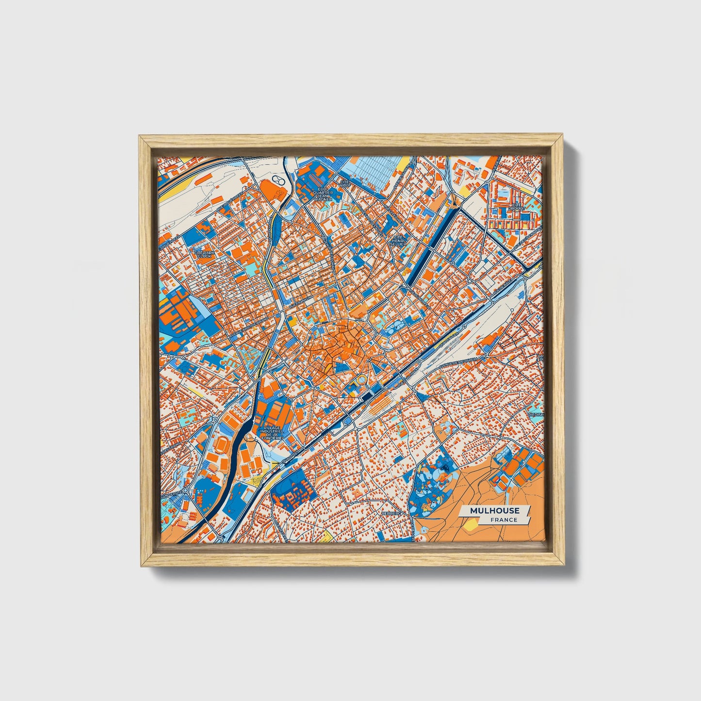 Mulhouse France Colorful City Map Canvas Print • Natural Wooden Framed