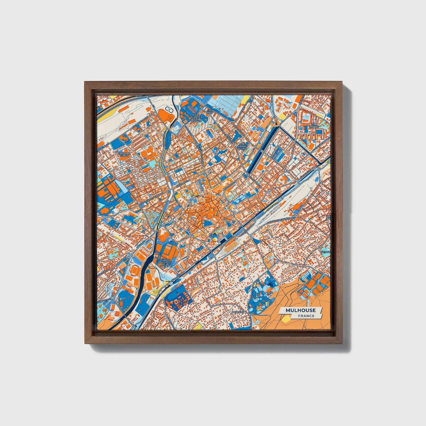 Mulhouse France Colorful City Map Canvas Print • Dark Wooden Framed
