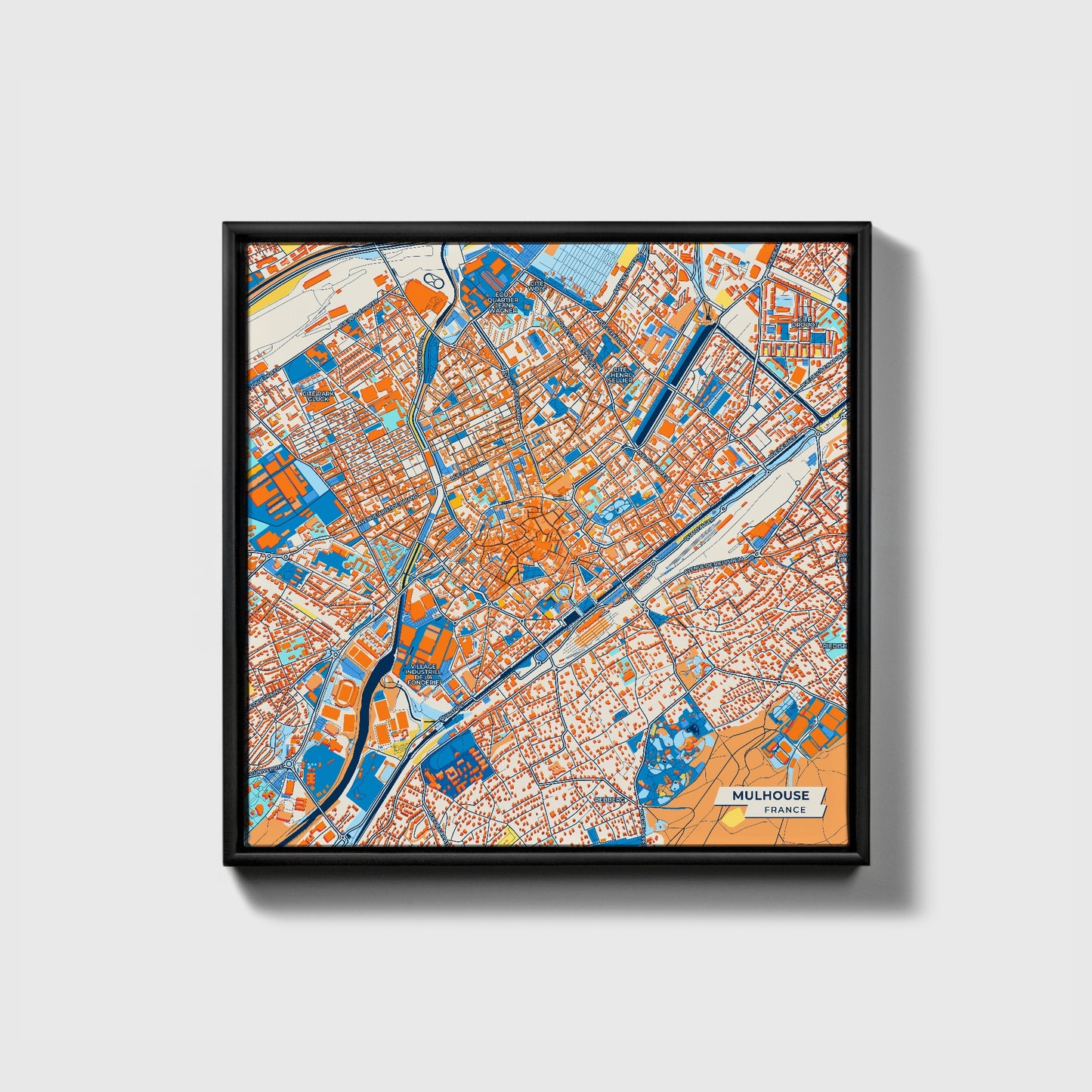 Mulhouse France Colorful City Map Canvas Print • Black Framed