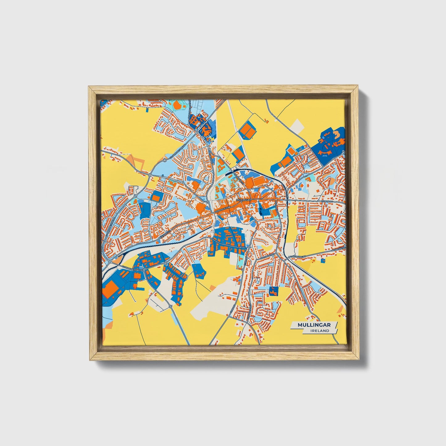 Mullingar Ireland Colorful City Map Canvas Print • Natural Wooden Framed