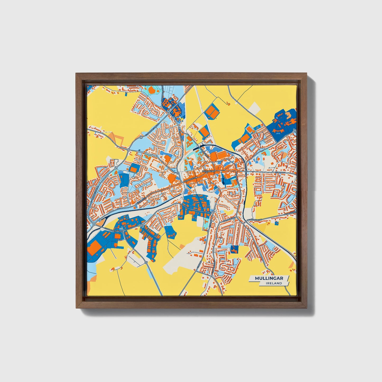 Mullingar Ireland Colorful City Map Canvas Print • Dark Wooden Framed