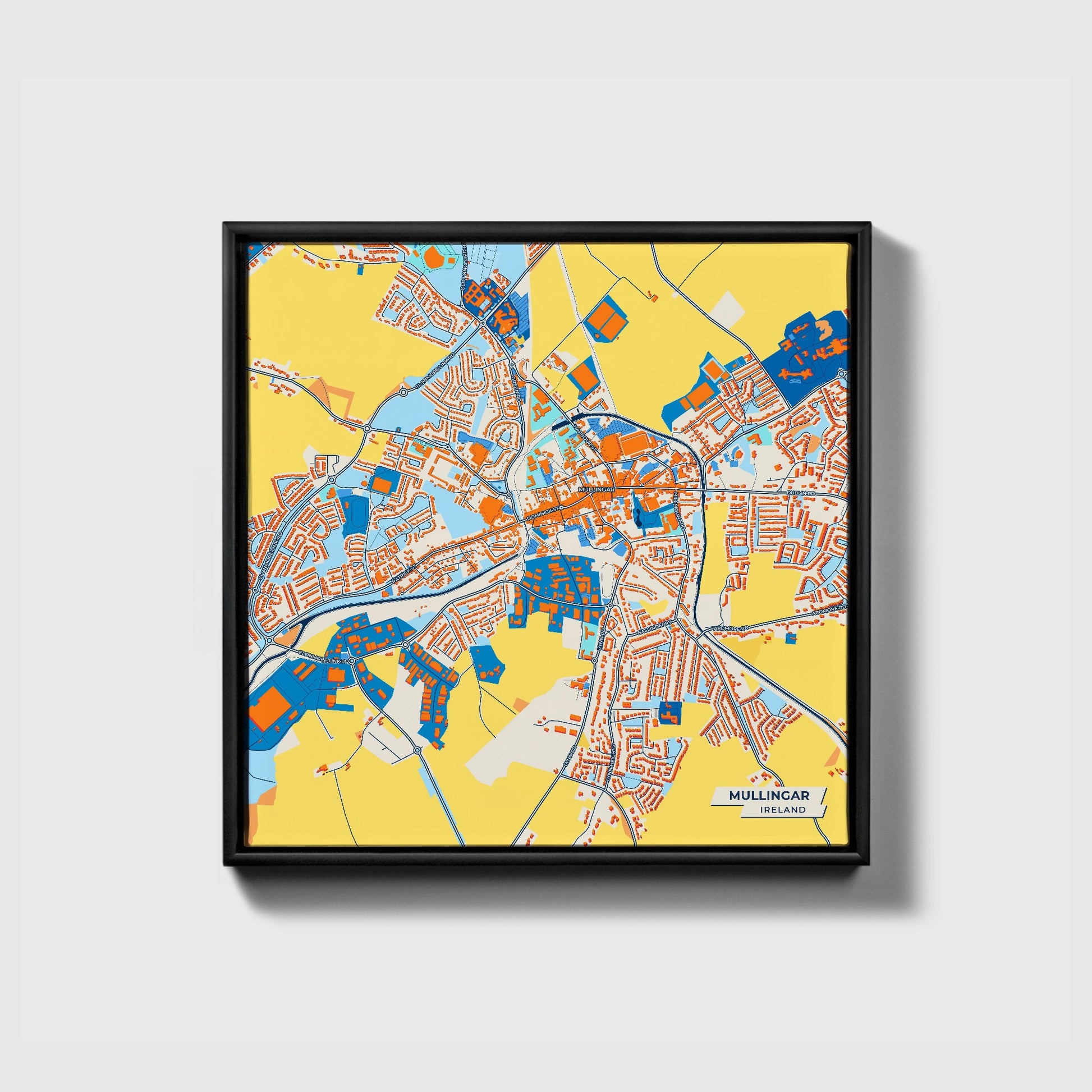 Mullingar Ireland Colorful City Map Canvas Print • Black Framed