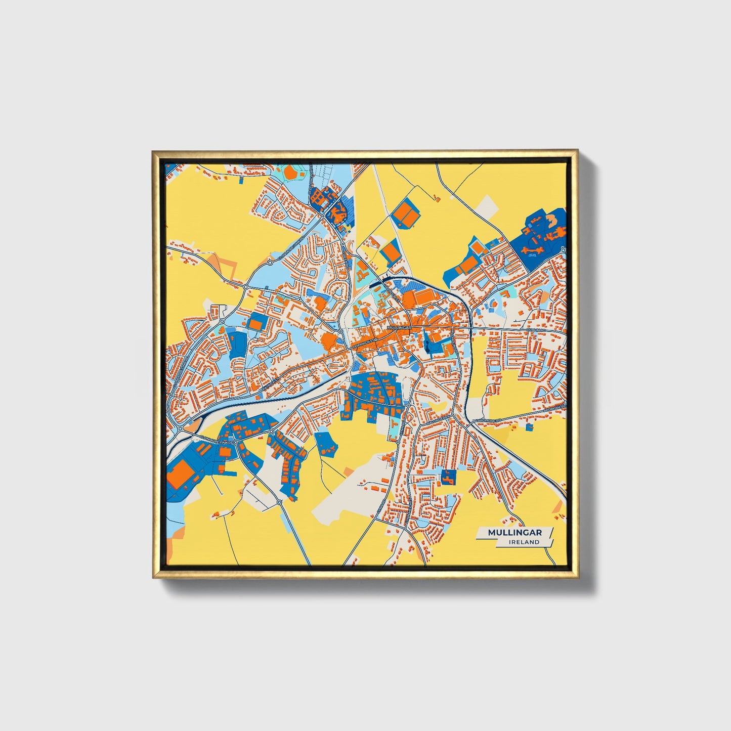 Mullingar Ireland Colorful City Map Canvas Print • Gold Framed