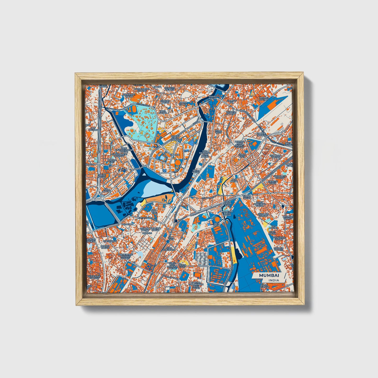 Mumbai India Colorful City Map Canvas Print • Natural Wooden Framed