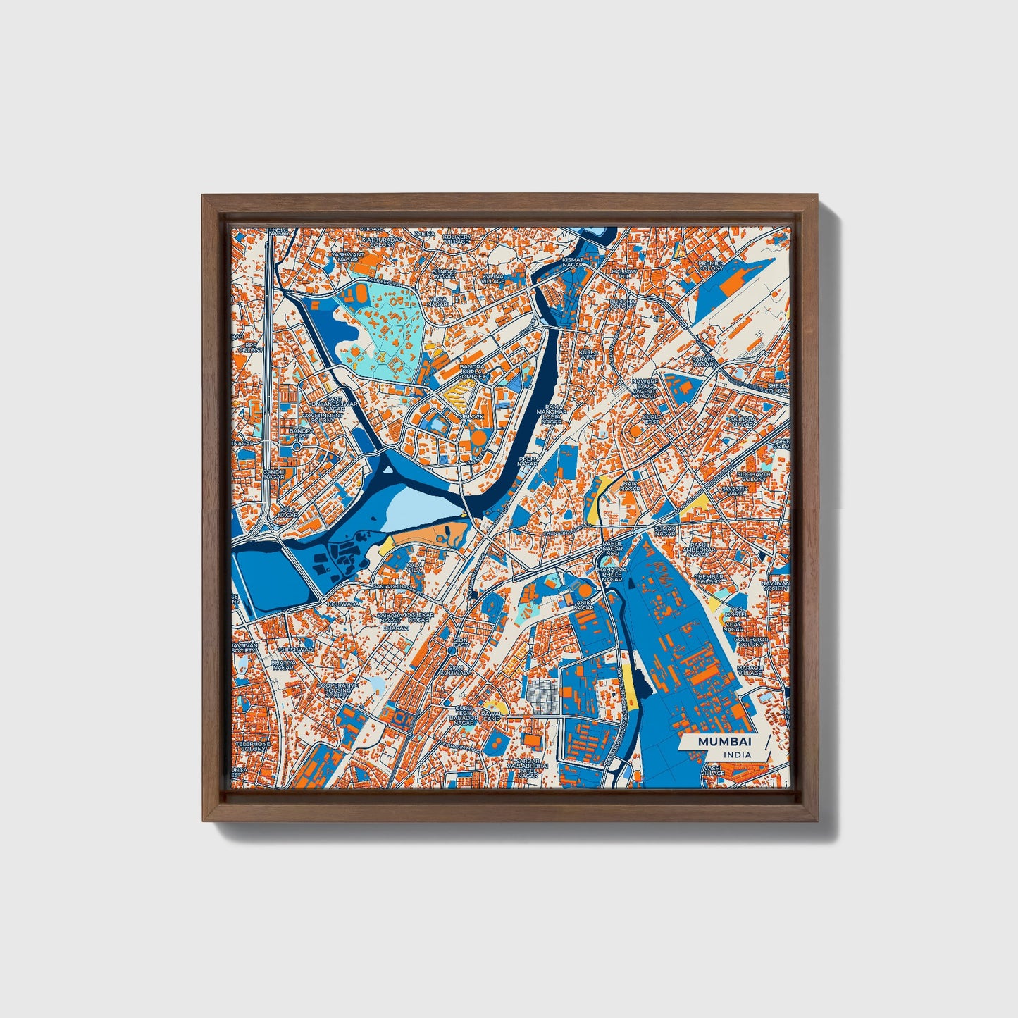 Mumbai India Colorful City Map Canvas Print • Dark Wooden Framed