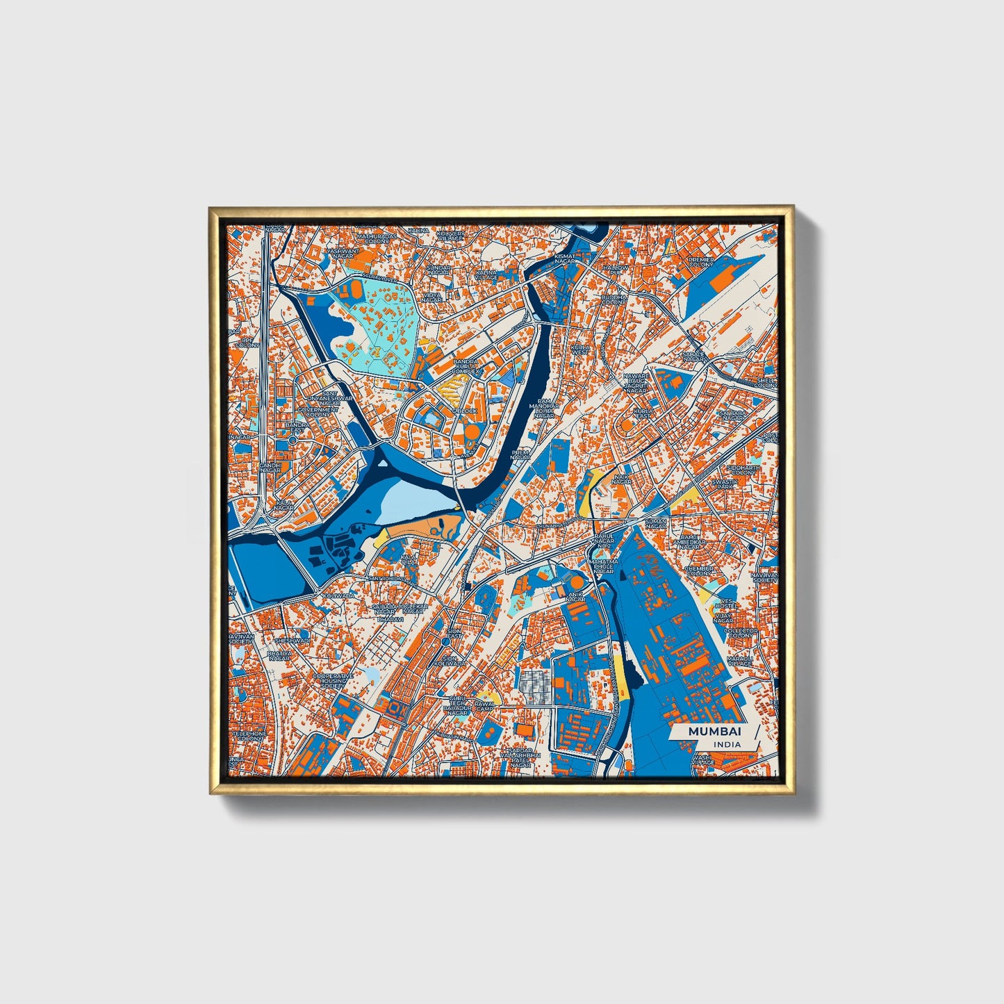 Mumbai India Colorful City Map Canvas Print • Gold Framed