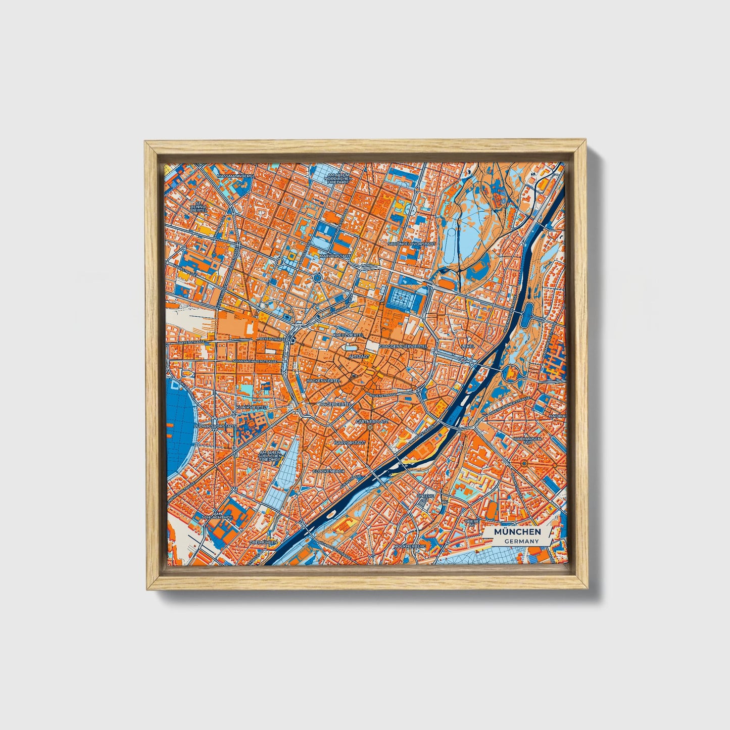 München Germany Colorful City Map Canvas Print • Natural Wooden Framed