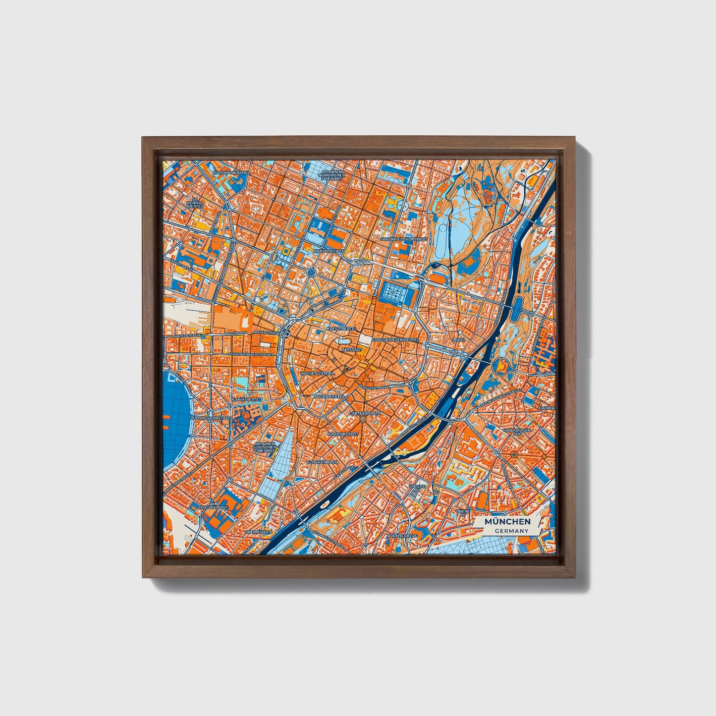 München Germany Colorful City Map Canvas Print • Dark Wooden Framed