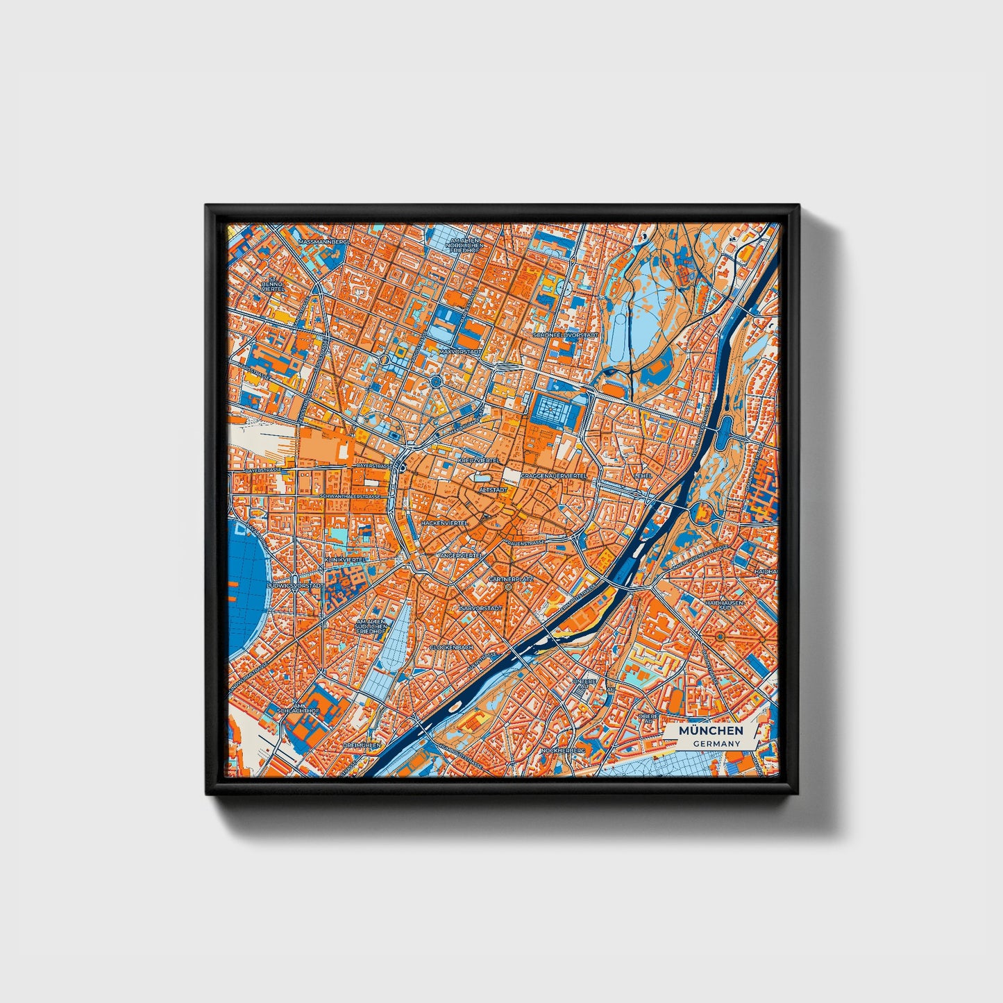München Germany Colorful City Map Canvas Print • Black Framed