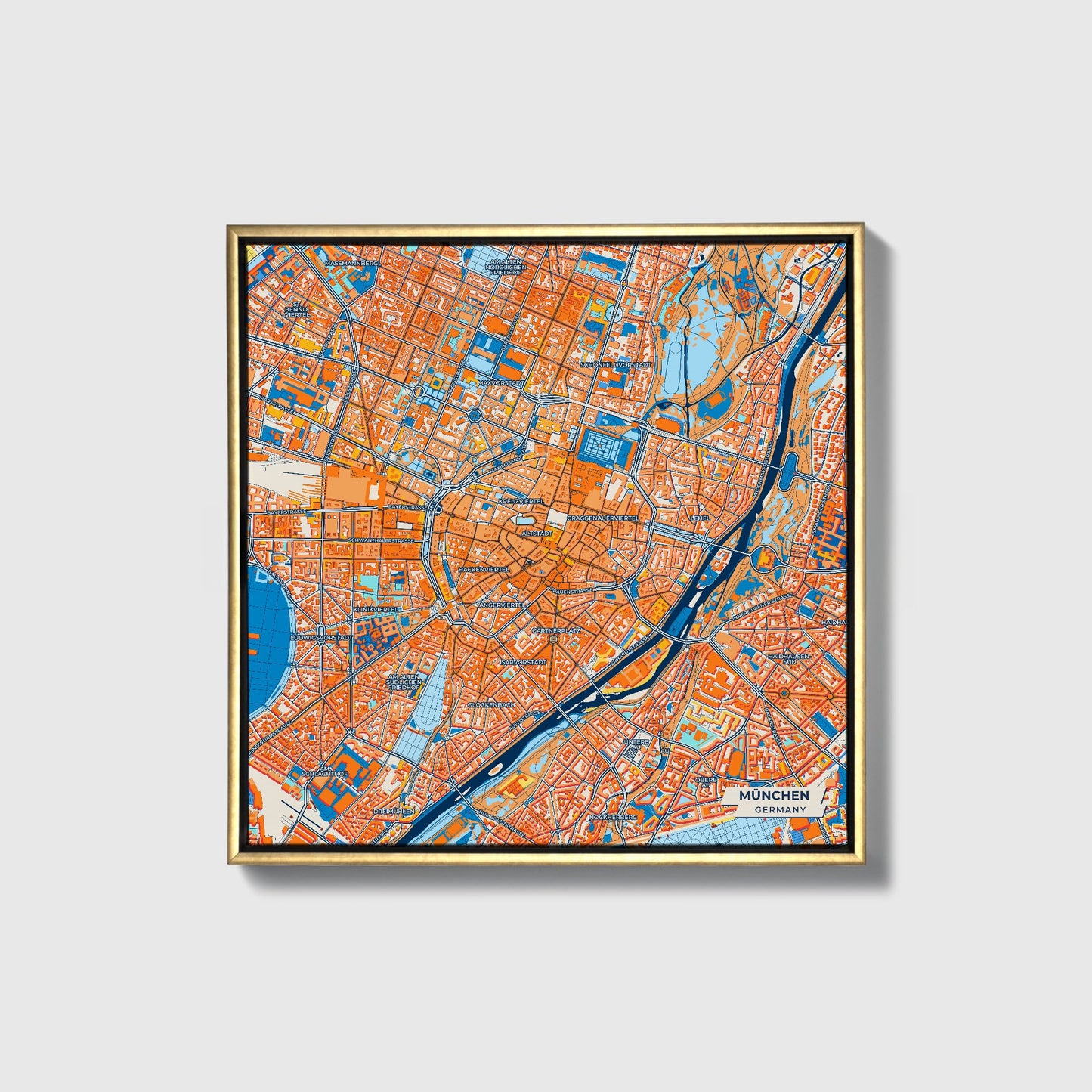 München Germany Colorful City Map Canvas Print • Gold Framed