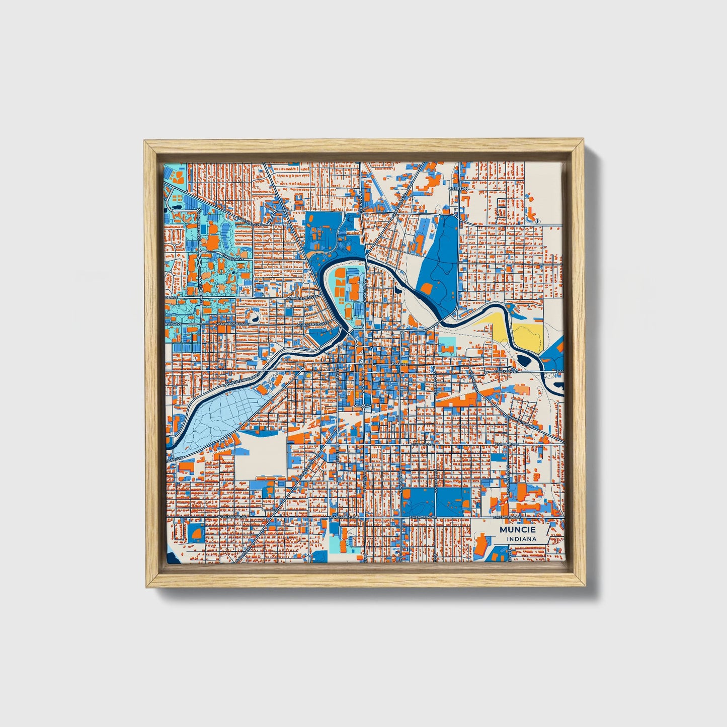 Muncie Indiana Colorful City Map Canvas Print • Natural Wooden Framed