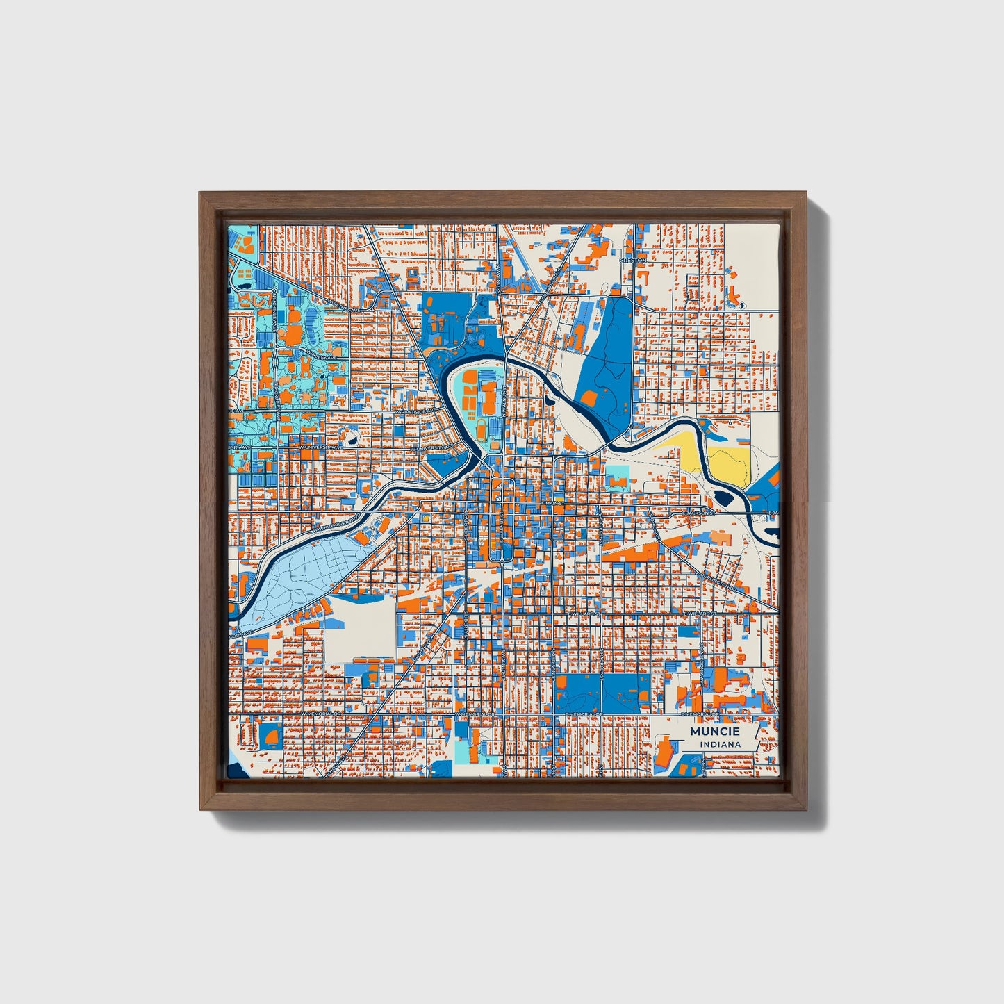 Muncie Indiana Colorful City Map Canvas Print • Dark Wooden Framed
