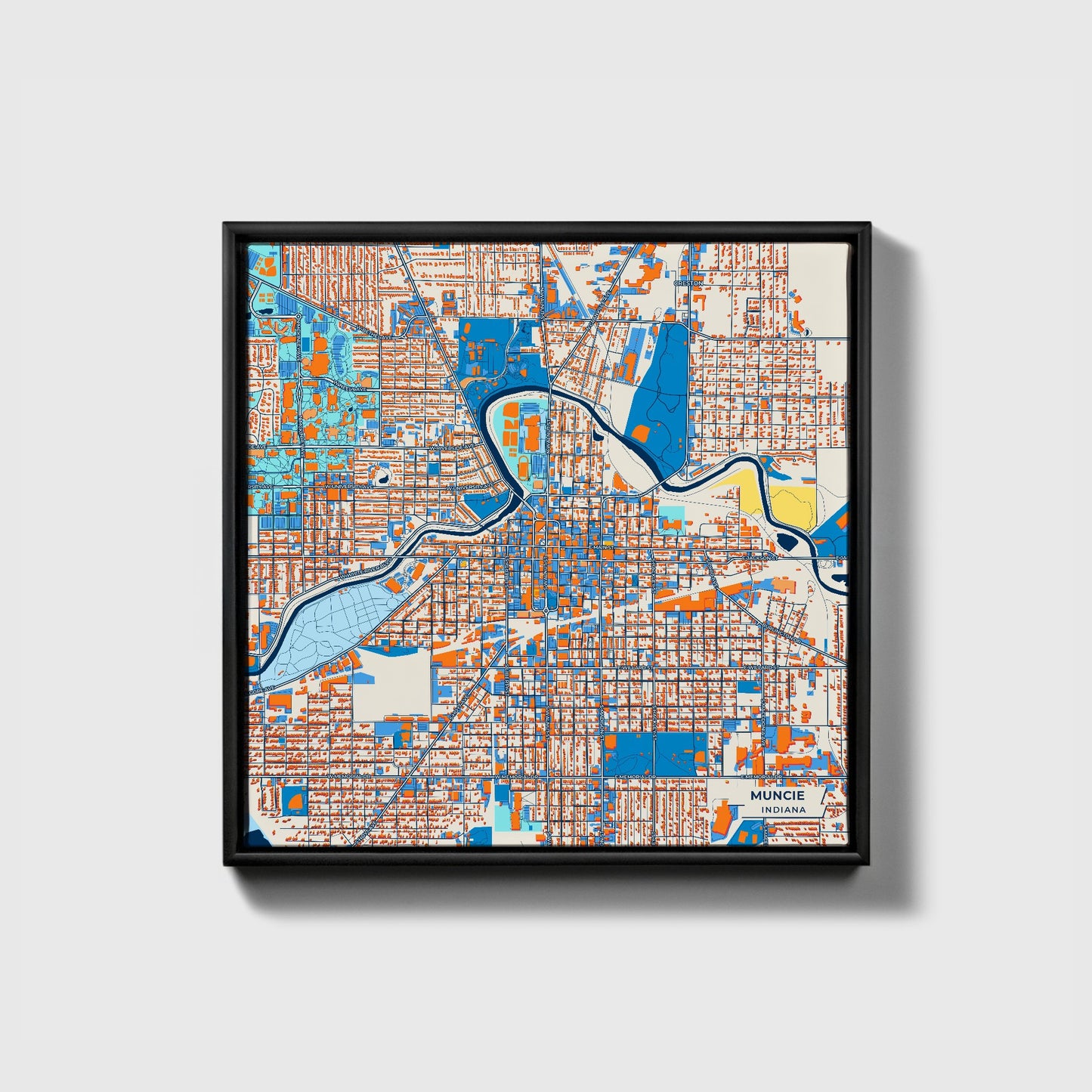 Muncie Indiana Colorful City Map Canvas Print • Black Framed