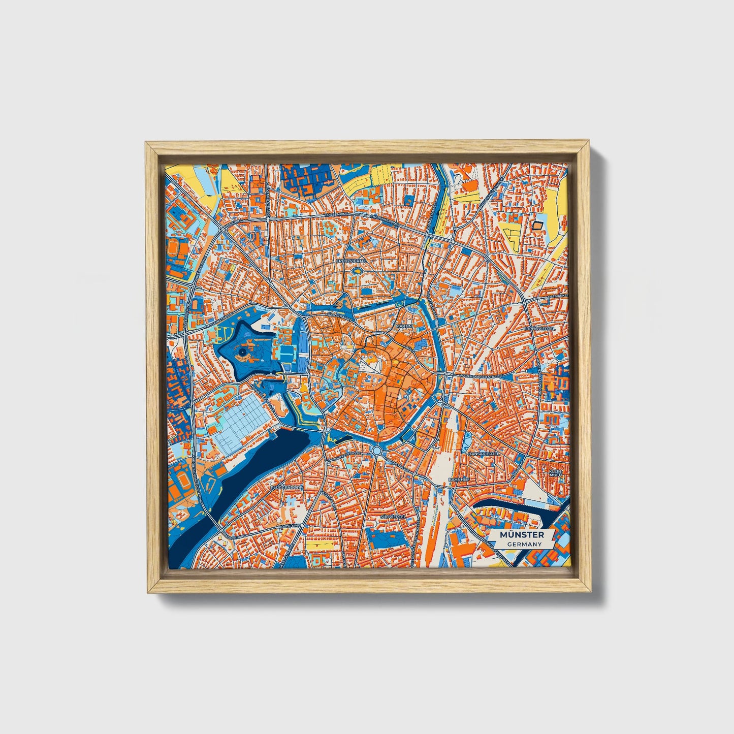Münster Germany Colorful City Map Canvas Print • Natural Wooden Framed