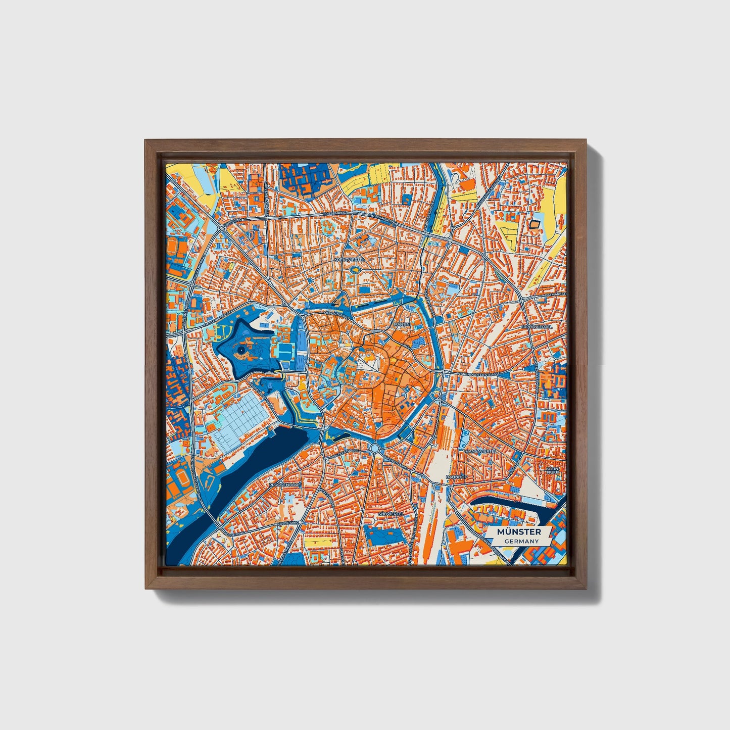 Münster Germany Colorful City Map Canvas Print • Dark Wooden Framed