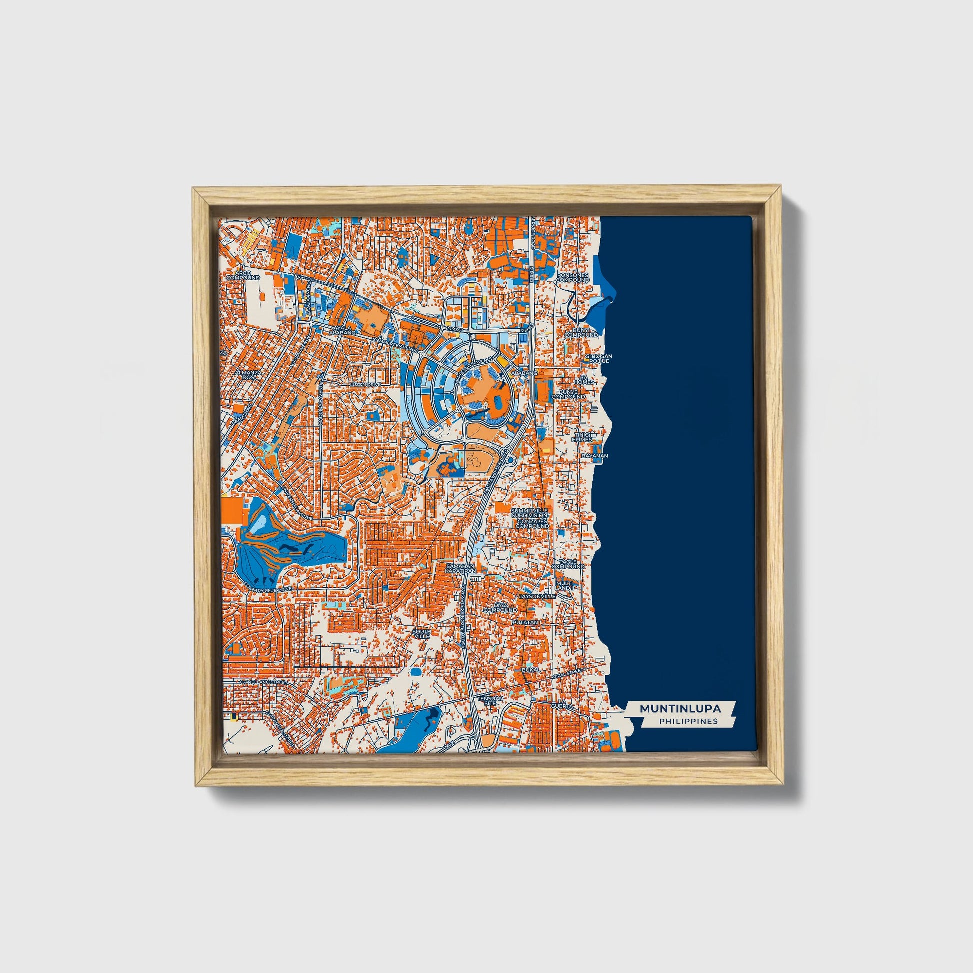 Muntinlupa Philippines Colorful City Map Canvas Print • Natural Wooden Framed