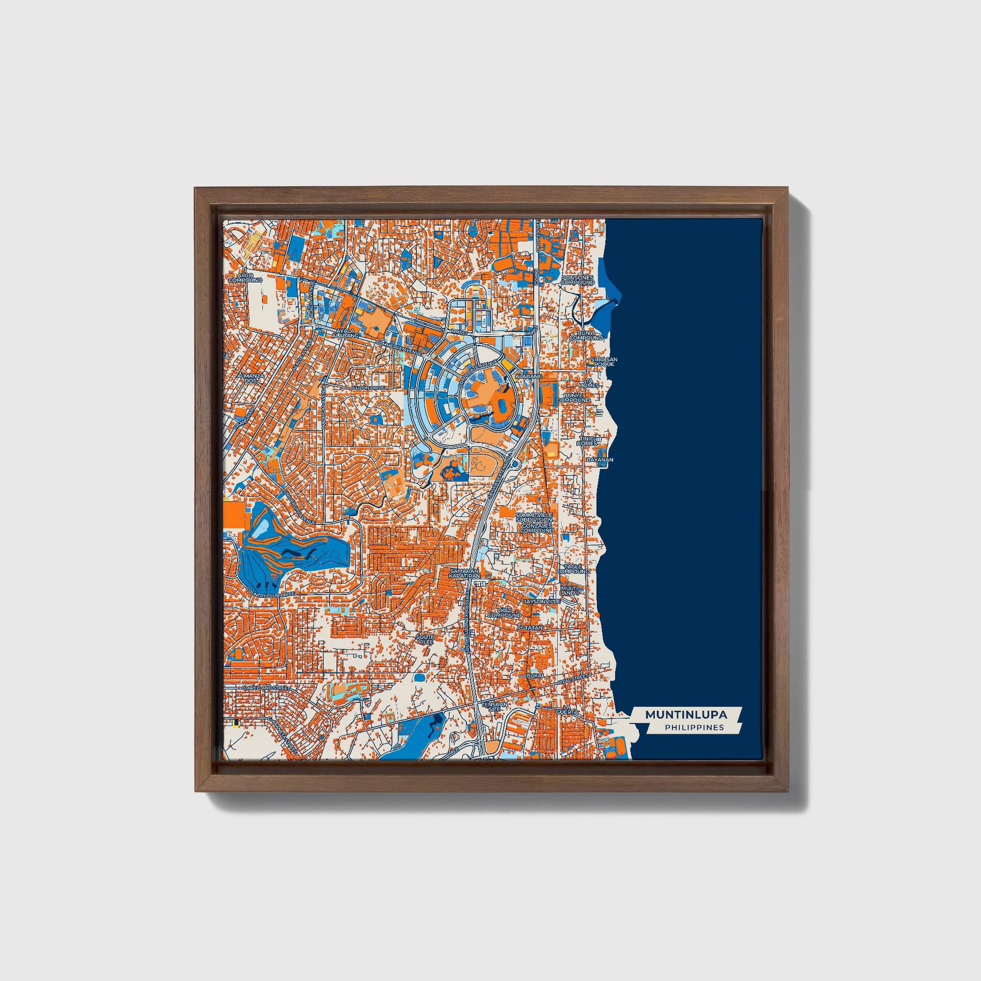 Muntinlupa Philippines Colorful City Map Canvas Print • Dark Wooden Framed