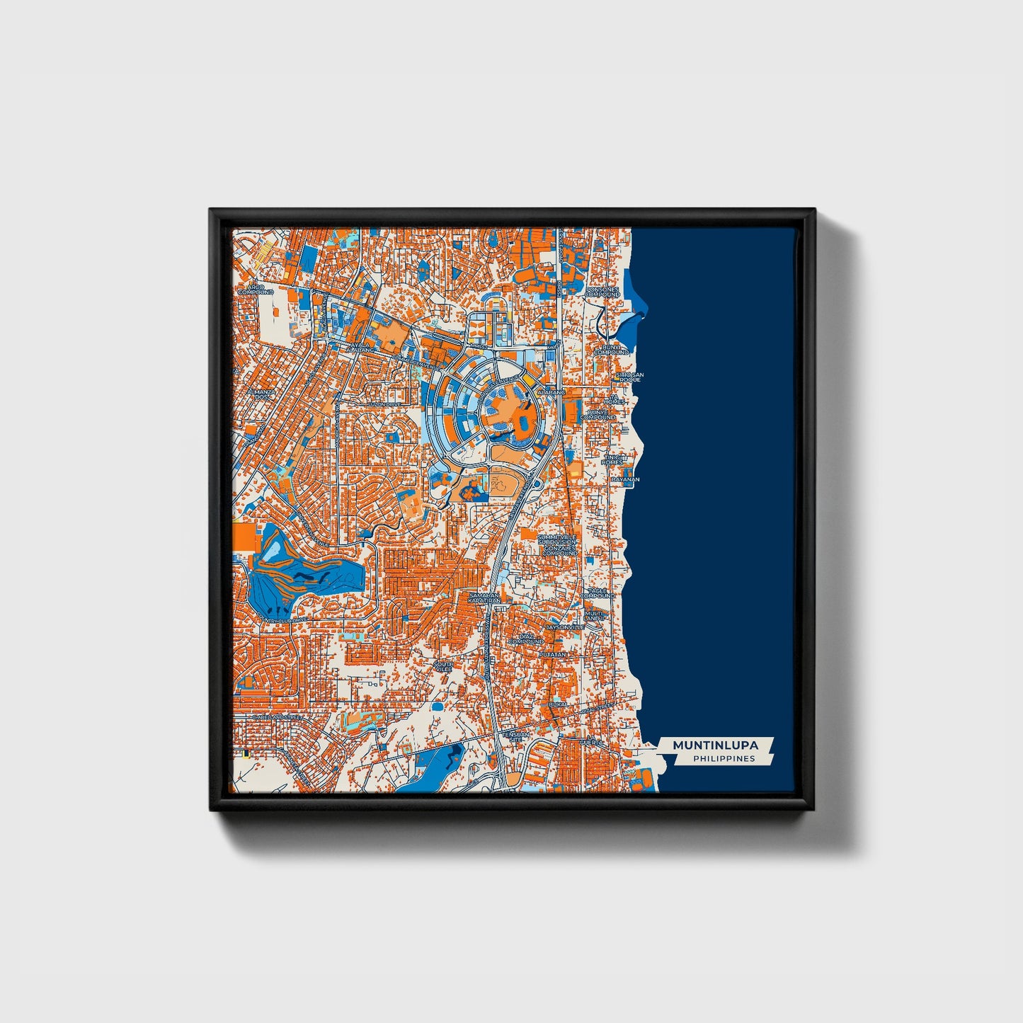 Muntinlupa Philippines Colorful City Map Canvas Print • Black Framed