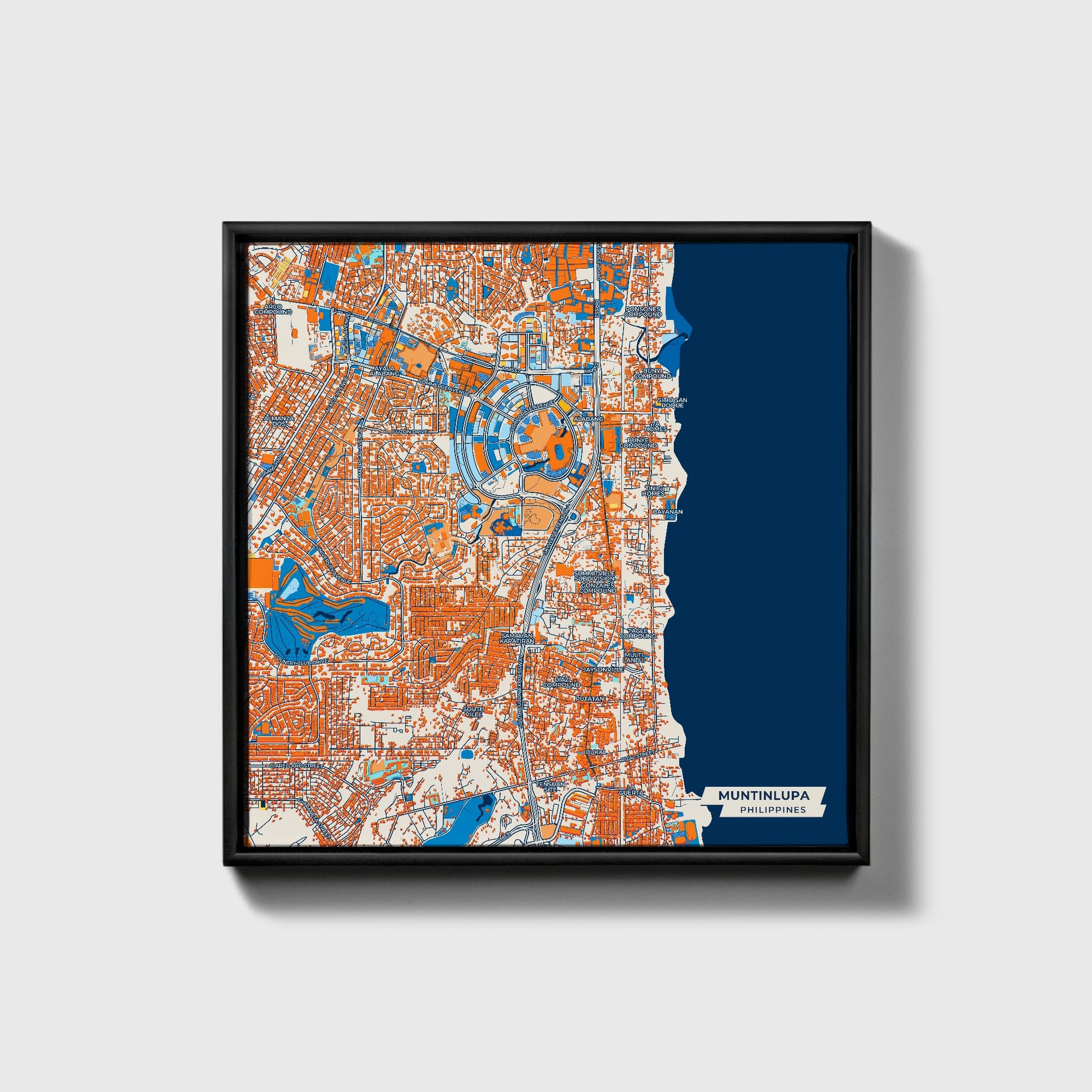 Muntinlupa Philippines Colorful City Map Canvas Print • Black Framed
