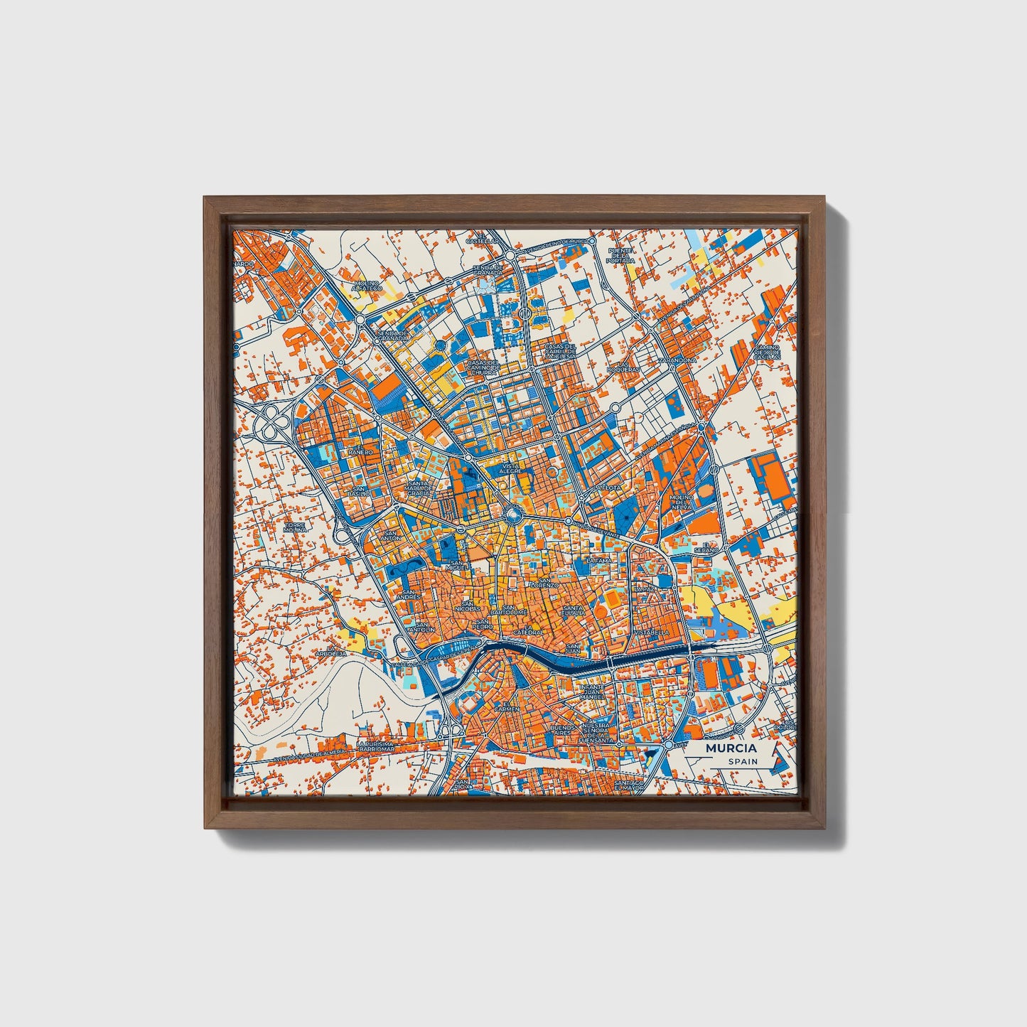 Murcia Spain Colorful City Map Canvas Print • Dark Wooden Framed