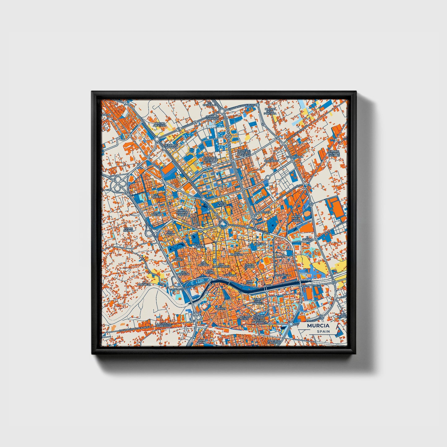 Murcia Spain Colorful City Map Canvas Print • Black Framed