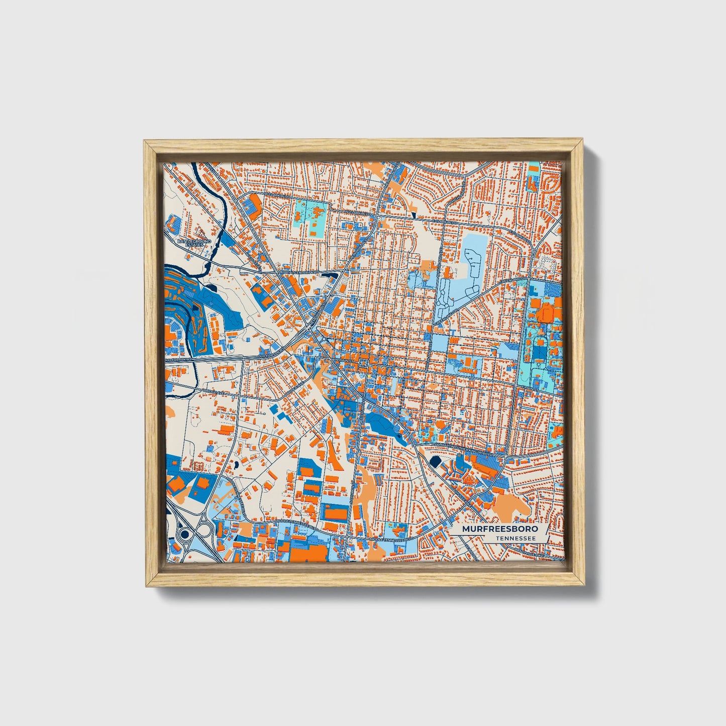Murfreesboro Tennessee Colorful City Map Canvas Print • Natural Wooden Framed