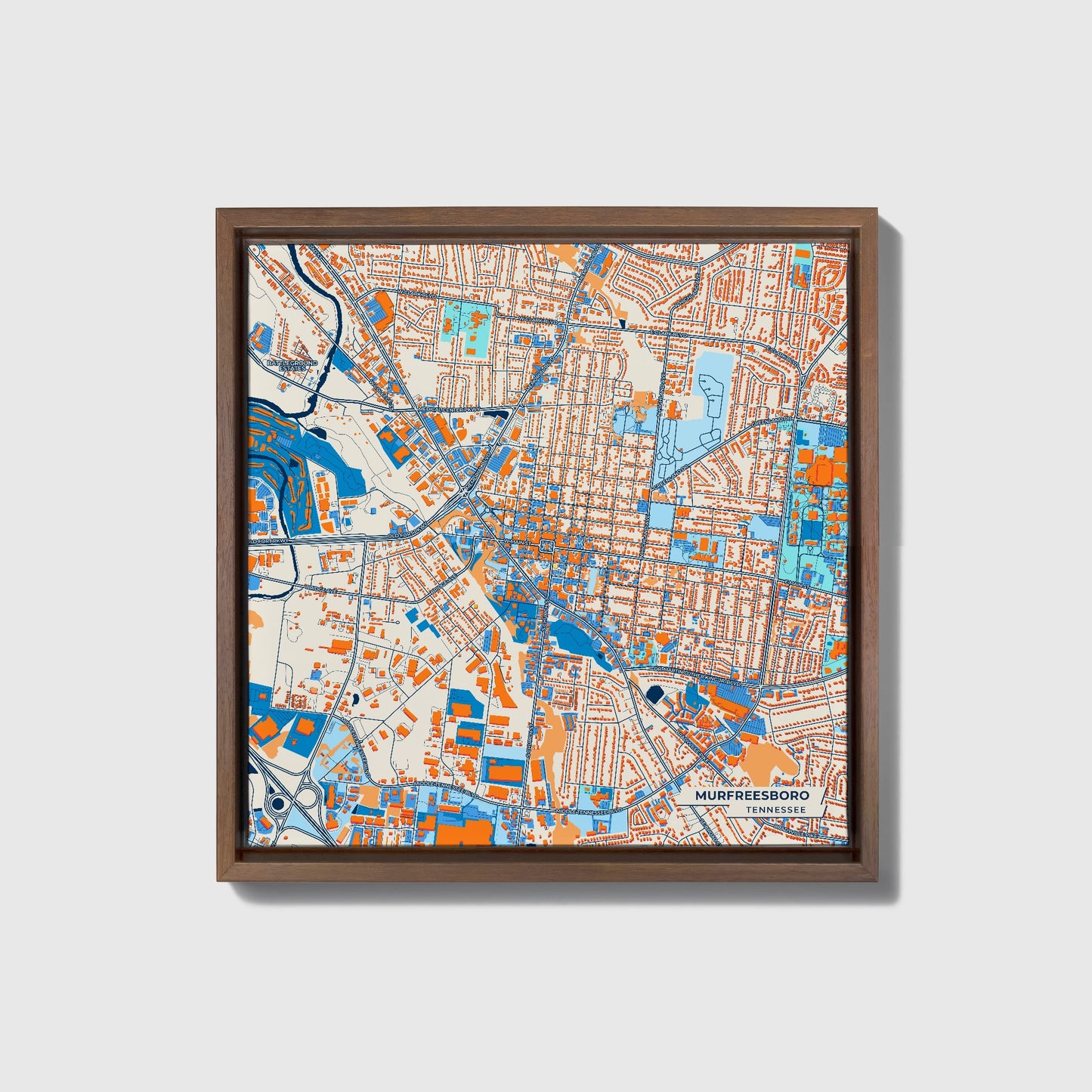 Murfreesboro Tennessee Colorful City Map Canvas Print • Dark Wooden Framed