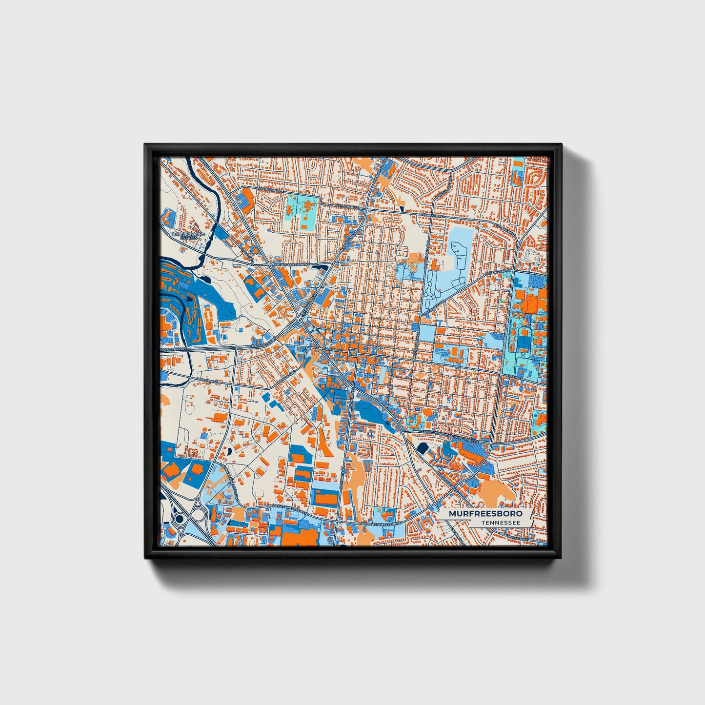 Murfreesboro Tennessee Colorful City Map Canvas Print • Black Framed