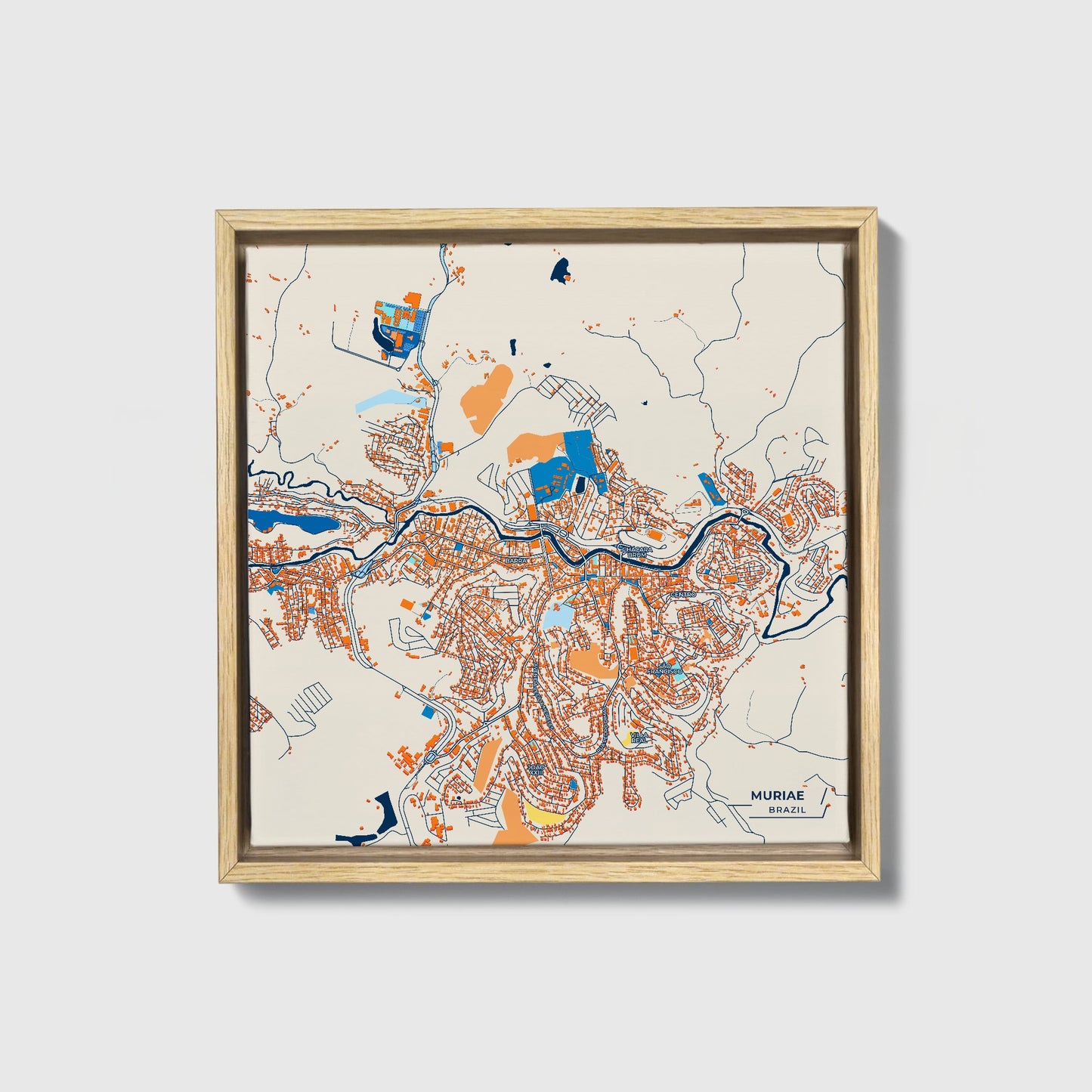 Muriae Brazil Colorful City Map Canvas Print • Natural Wooden Framed