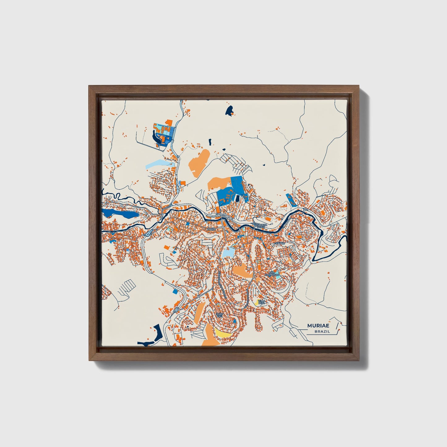 Muriae Brazil Colorful City Map Canvas Print • Dark Wooden Framed