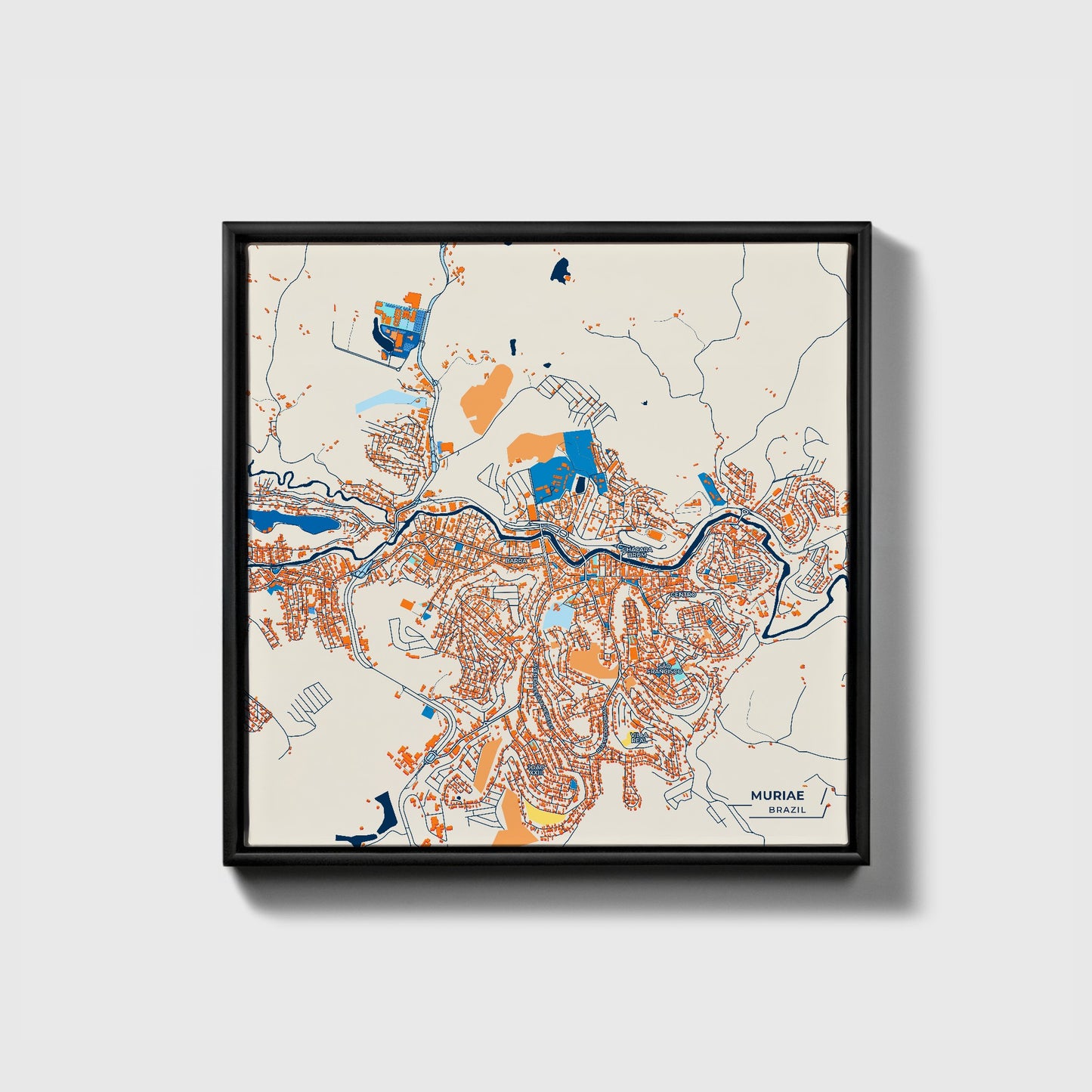 Muriae Brazil Colorful City Map Canvas Print • Black Framed
