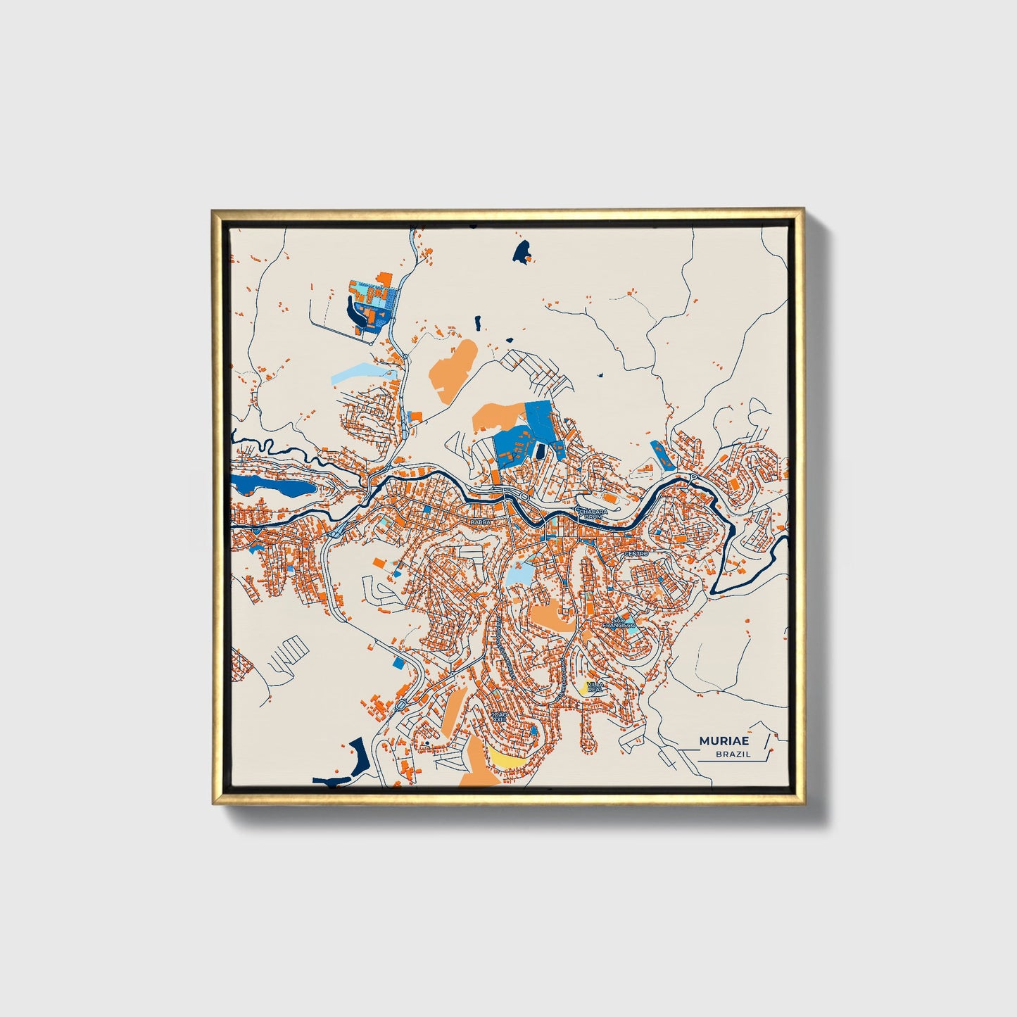 Muriae Brazil Colorful City Map Canvas Print • Gold Framed