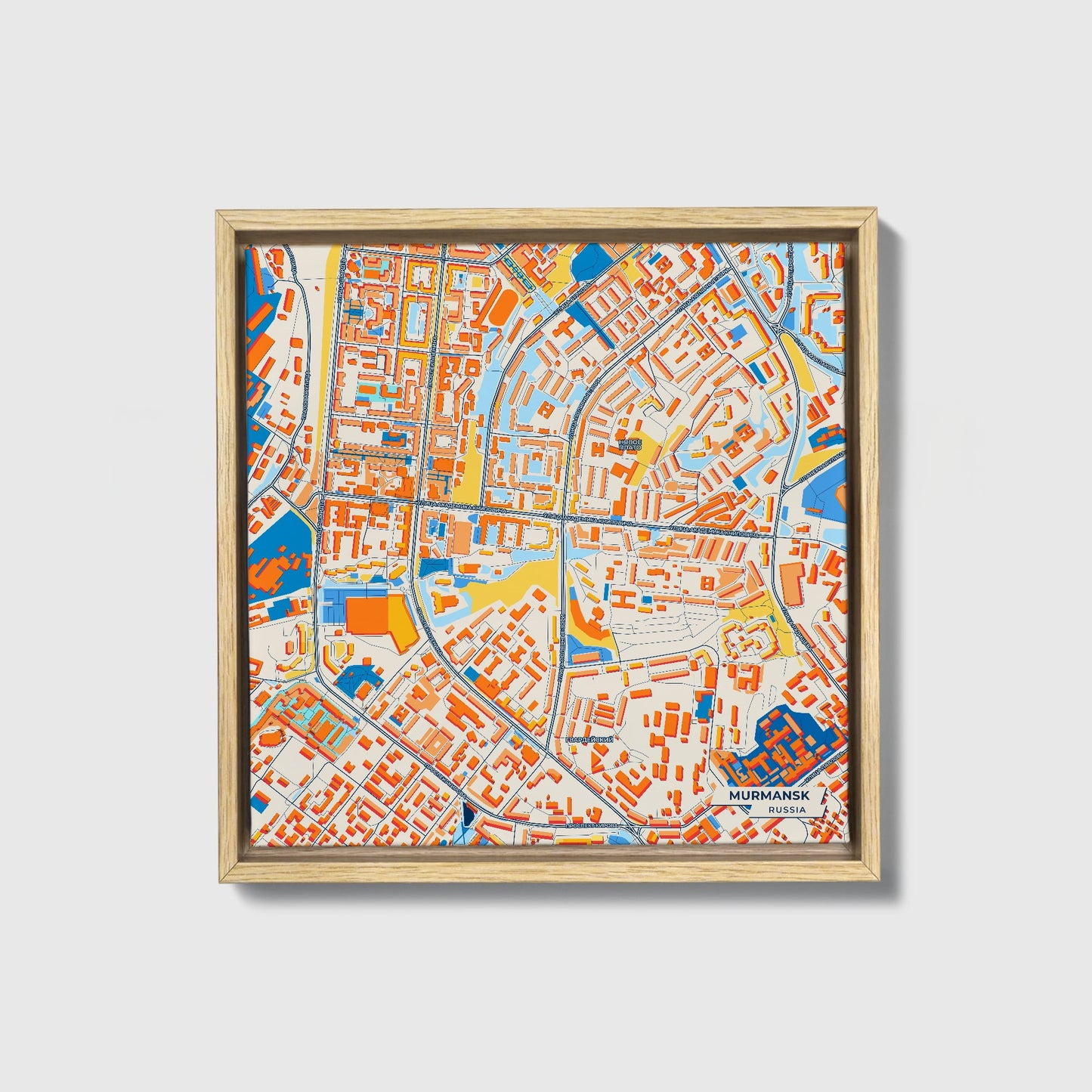 Мурманск Russia Colorful City Map Canvas Print • Natural Wooden Framed