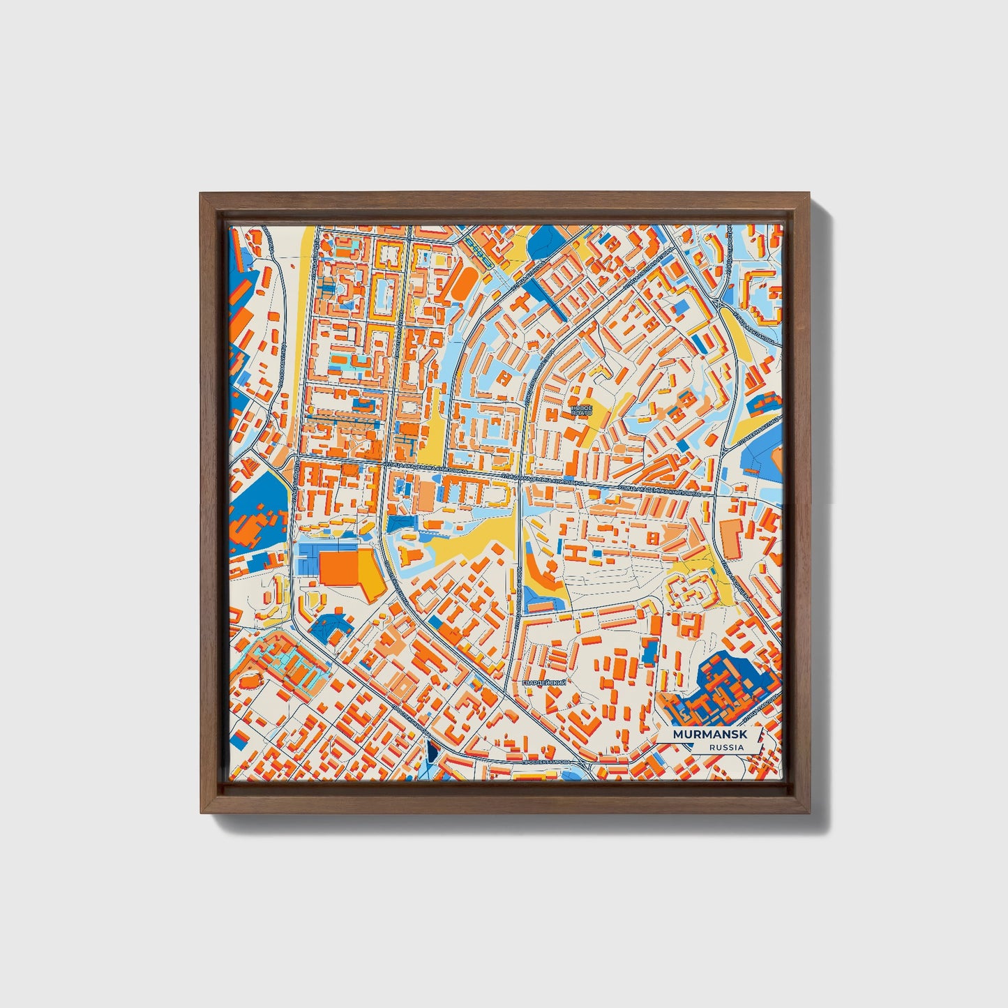 Мурманск Russia Colorful City Map Canvas Print • Dark Wooden Framed