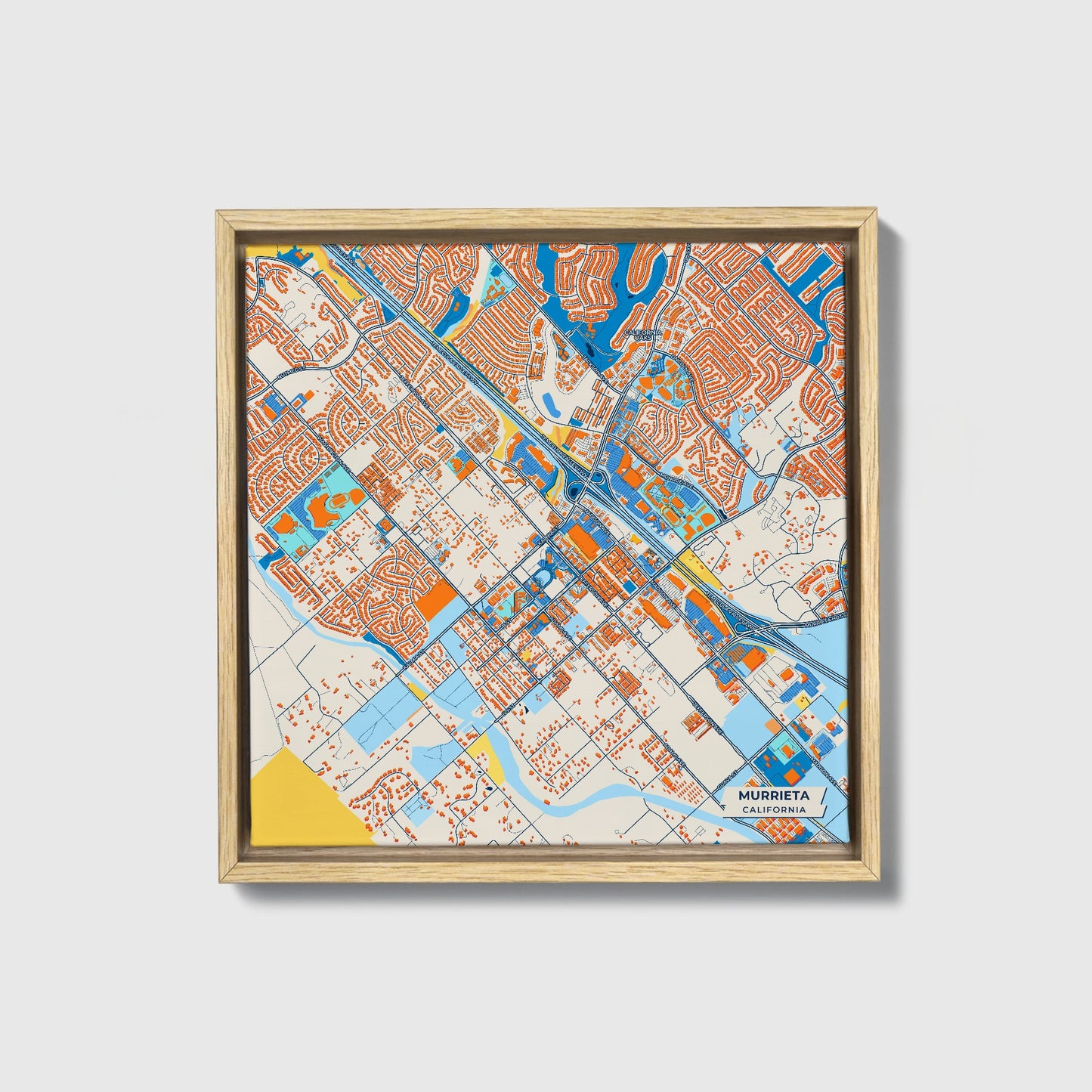 Murrieta California Colorful City Map Canvas Print • Natural Wooden Framed