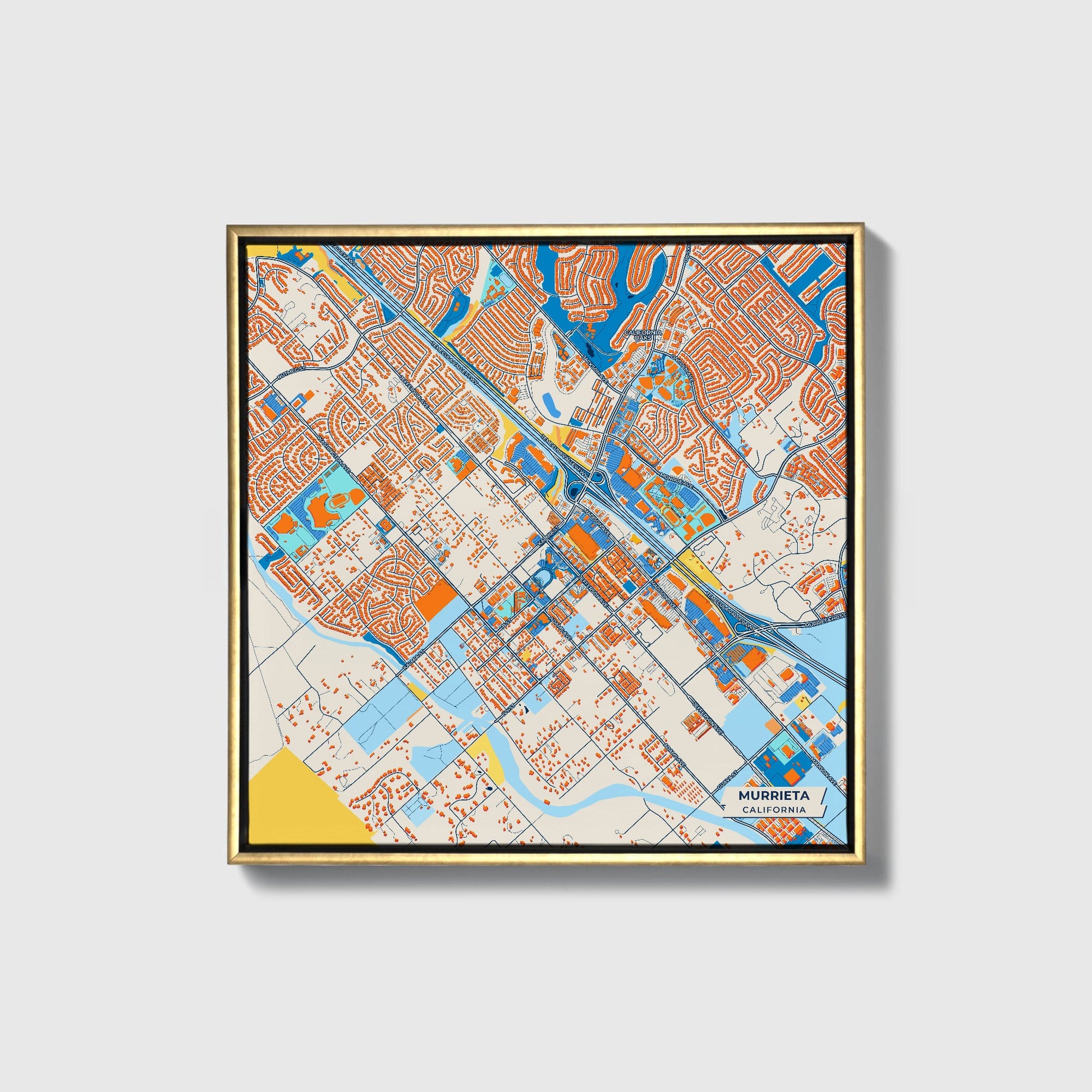 Murrieta California Colorful City Map Canvas Print • Gold Framed