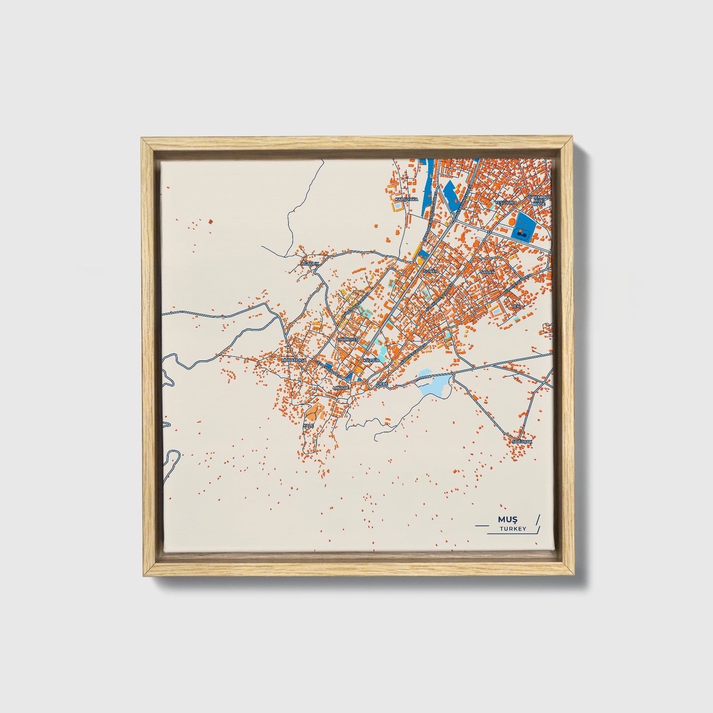 Muş Turkey Colorful City Map Canvas Print • Natural Wooden Framed