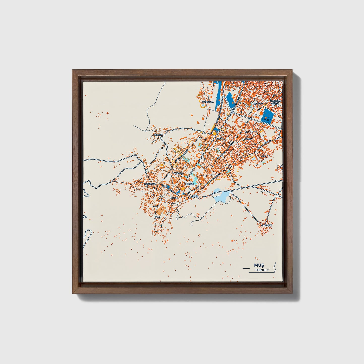 Muş Turkey Colorful City Map Canvas Print • Dark Wooden Framed
