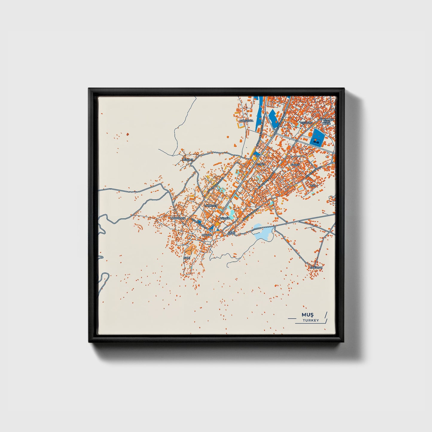 Muş Turkey Colorful City Map Canvas Print • Black Framed