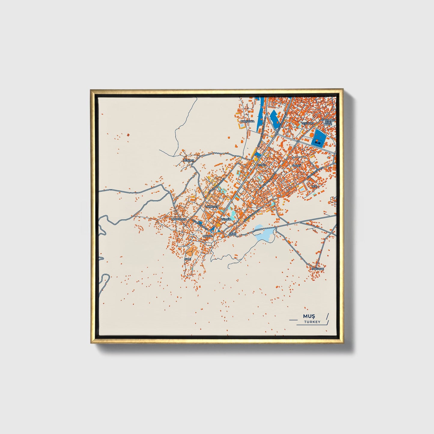 Muş Turkey Colorful City Map Canvas Print • Gold Framed