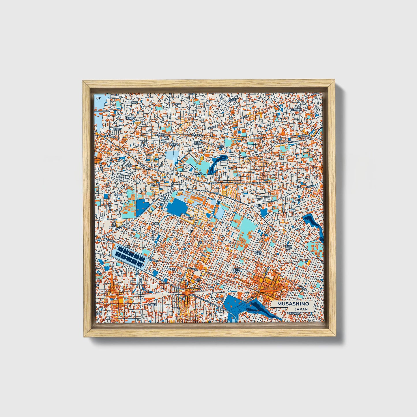 Musashino Japan Colorful City Map Canvas Print • Natural Wooden Framed